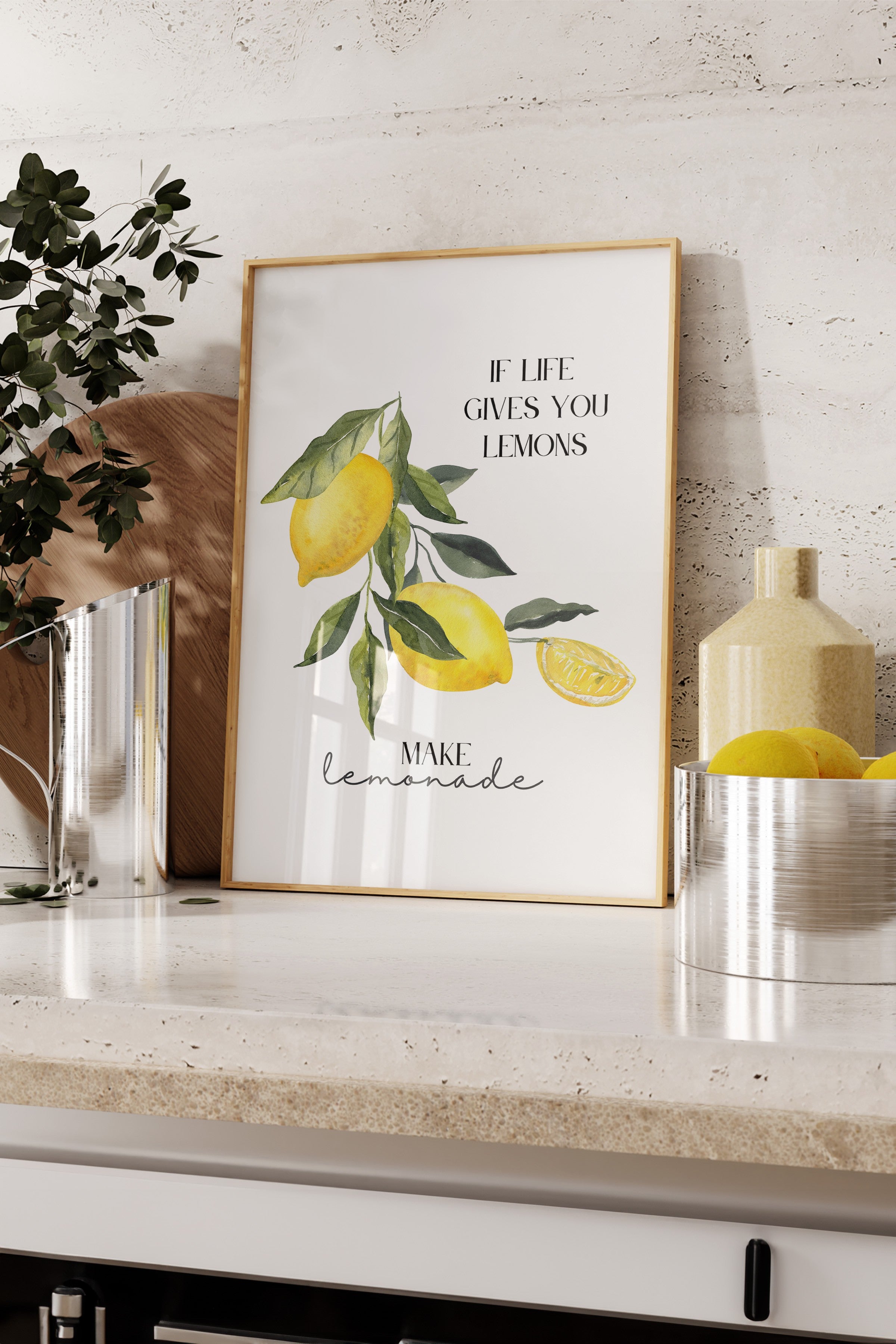 Ahşap Çerçeveli Tablo, Limonlar, Yapraklar, Metin, Suluboya, Tipografi Tabanlı, Sarı, Yeşil Renk Poster, 2025 Yaz Seçkisi, NO:109807