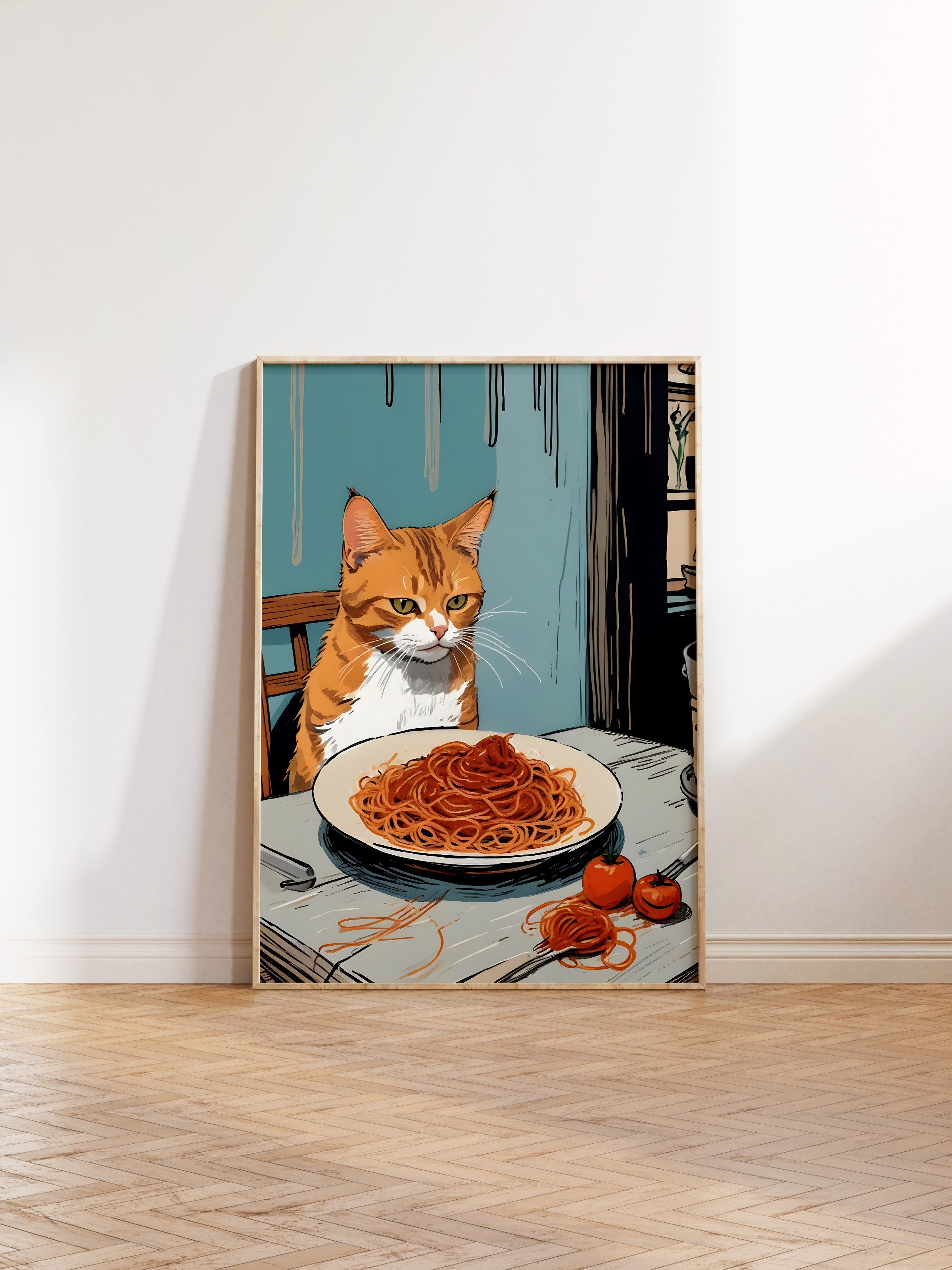 Ahşap Çerçeveli Tablo, Orange Cat With Spaghetti, Comfort Serisi Mutfak Ahşap Tablo, NO:109089