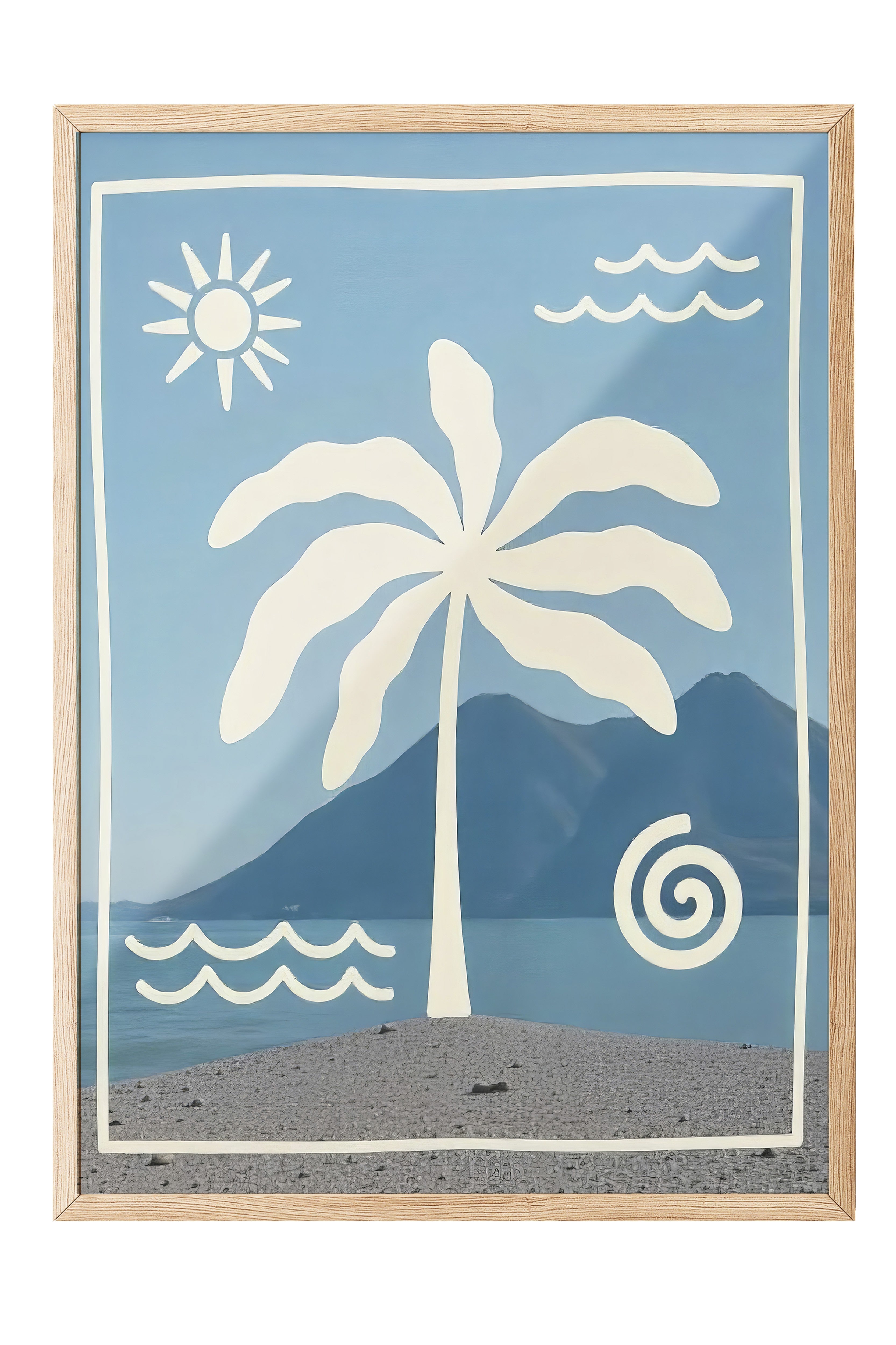Ahşap Çerçeveli Tablo, Palmiye Ağaçları, İllüstrasyon, Maximalist, Mavi Renk Poster, 2025 Yaz Seçkisi, NO:109776