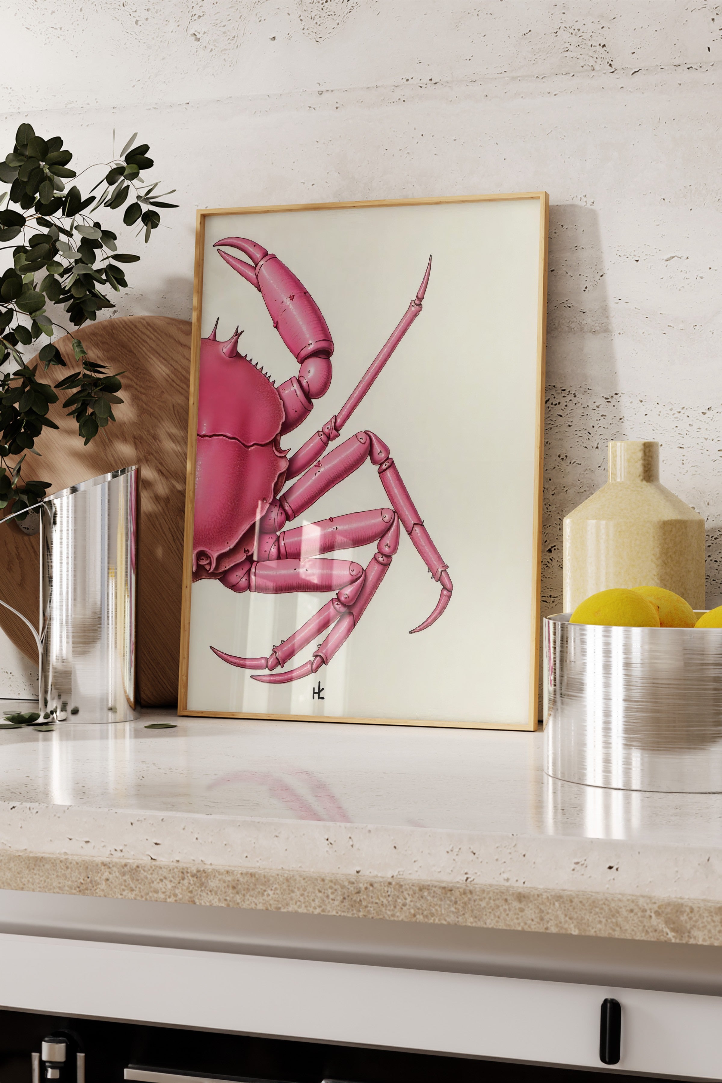 Ahşap Çerçeveli Tablo, Pembe Yengeç, İllüstrasyon, Pembe Renk Poster, 2025 Yaz Seçkisi, NO:109721