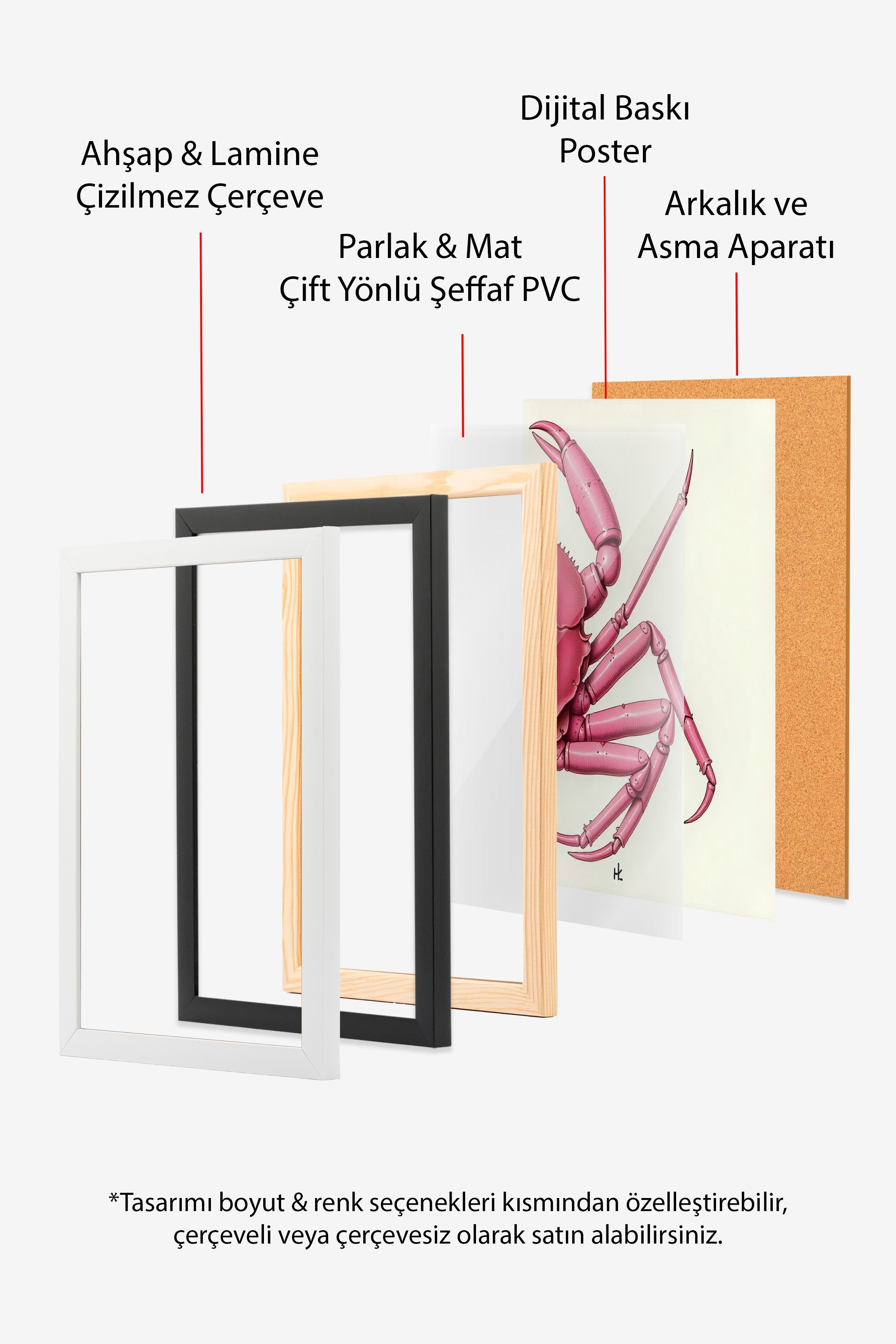Ahşap Çerçeveli Tablo, Pembe Yengeç, İllüstrasyon, Pembe Renk Poster, 2025 Yaz Seçkisi, NO:109721