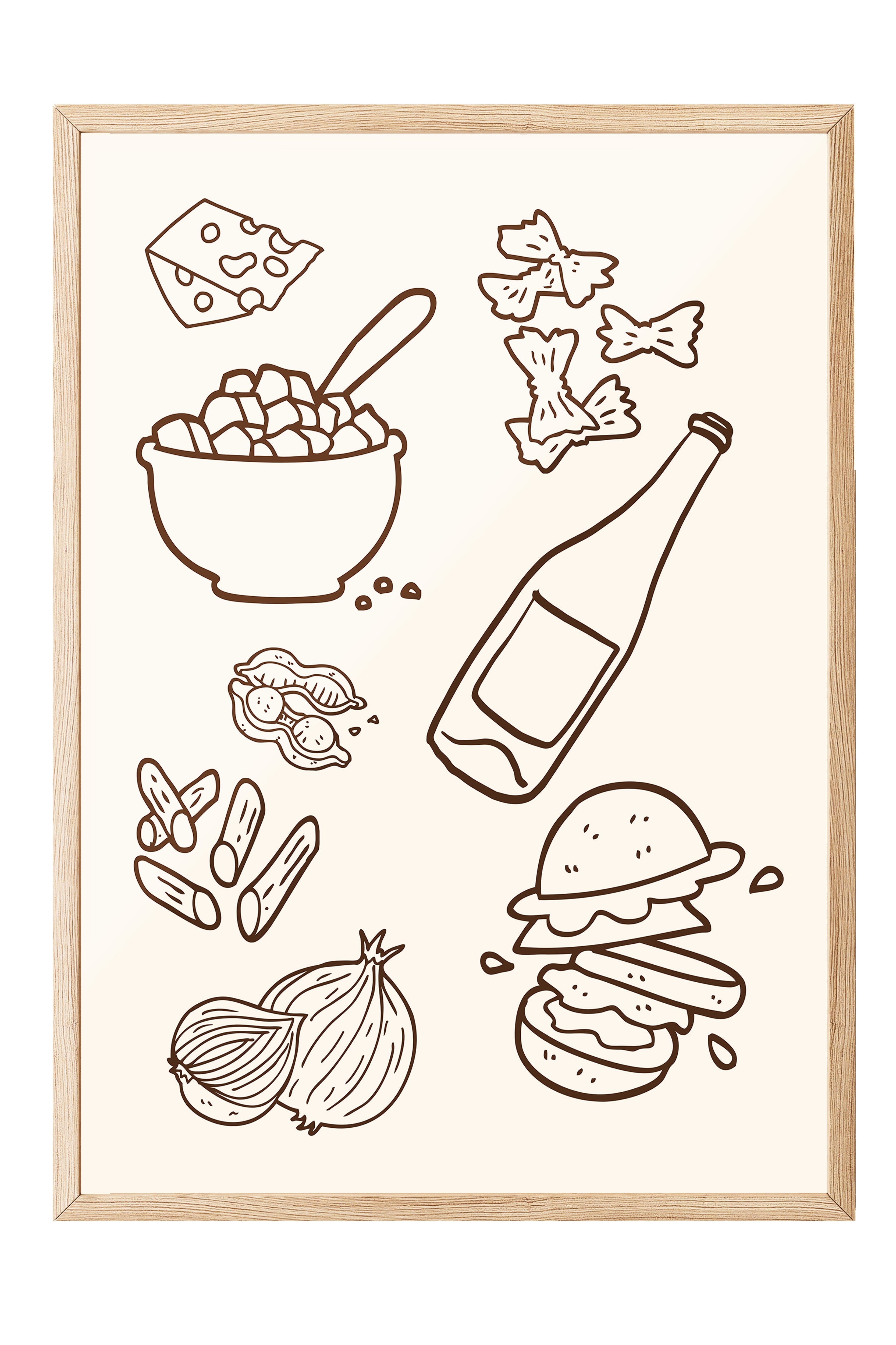 Ahşap Çerçeveli Tablo, Peynir, Şişe, Burger, illüstrasyon, Minimalist, Kahverengi, Bej Renk Poster, 2025 Yaz Seçkisi, NO:109806
