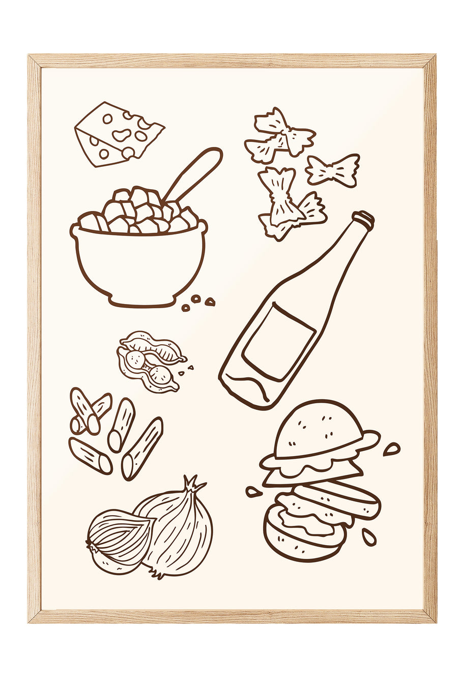 Ahşap Çerçeveli Tablo, Peynir, Şişe, Burger, illüstrasyon, Minimalist, Kahverengi, Bej Renk Poster, 2025 Yaz Seçkisi, NO:109806