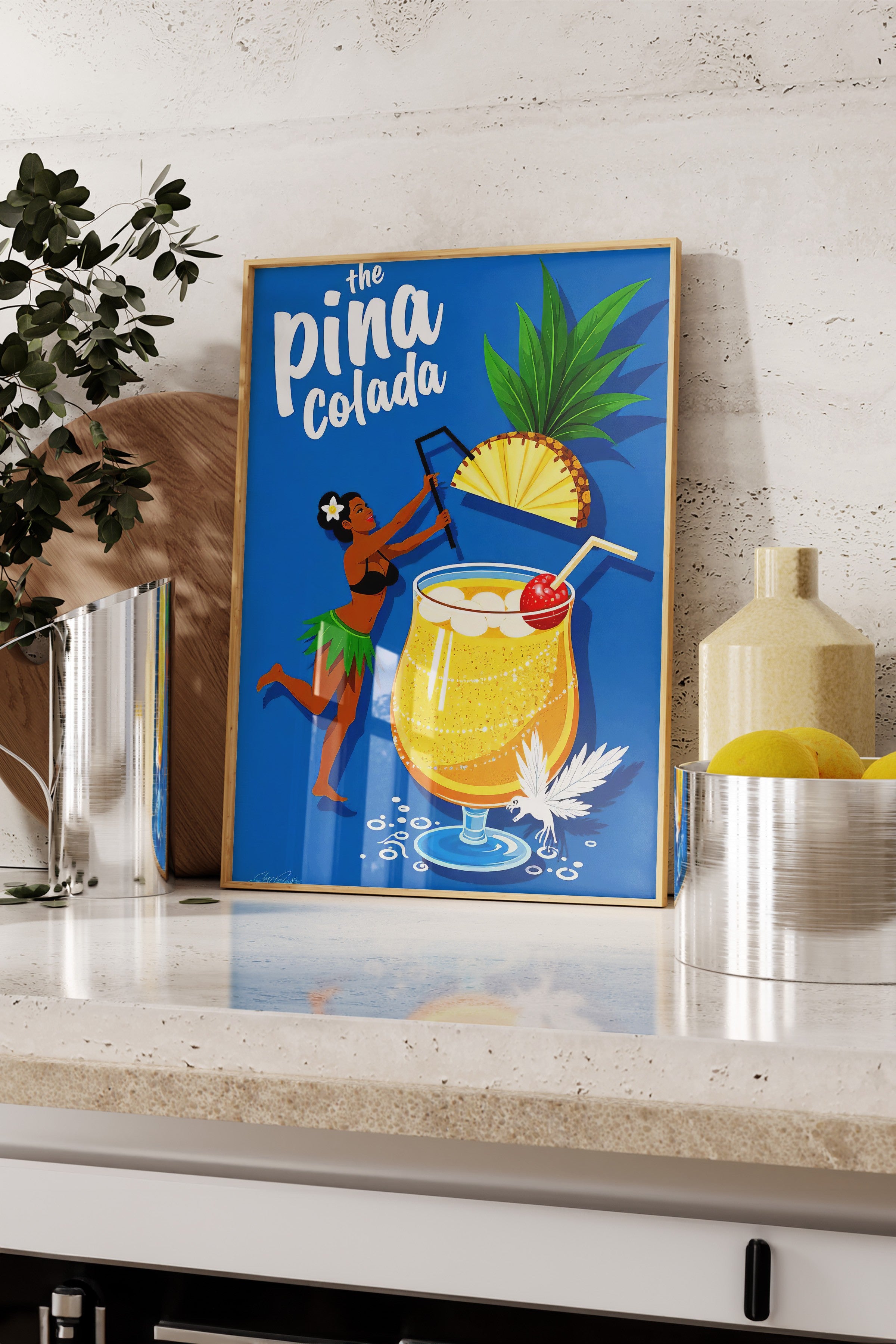 Ahşap Çerçeveli Tablo, Pina Colada, İllüstrasyon, Maximalist, Lacivert Renk Poster, 2025 Yaz Seçkisi, NO:109777