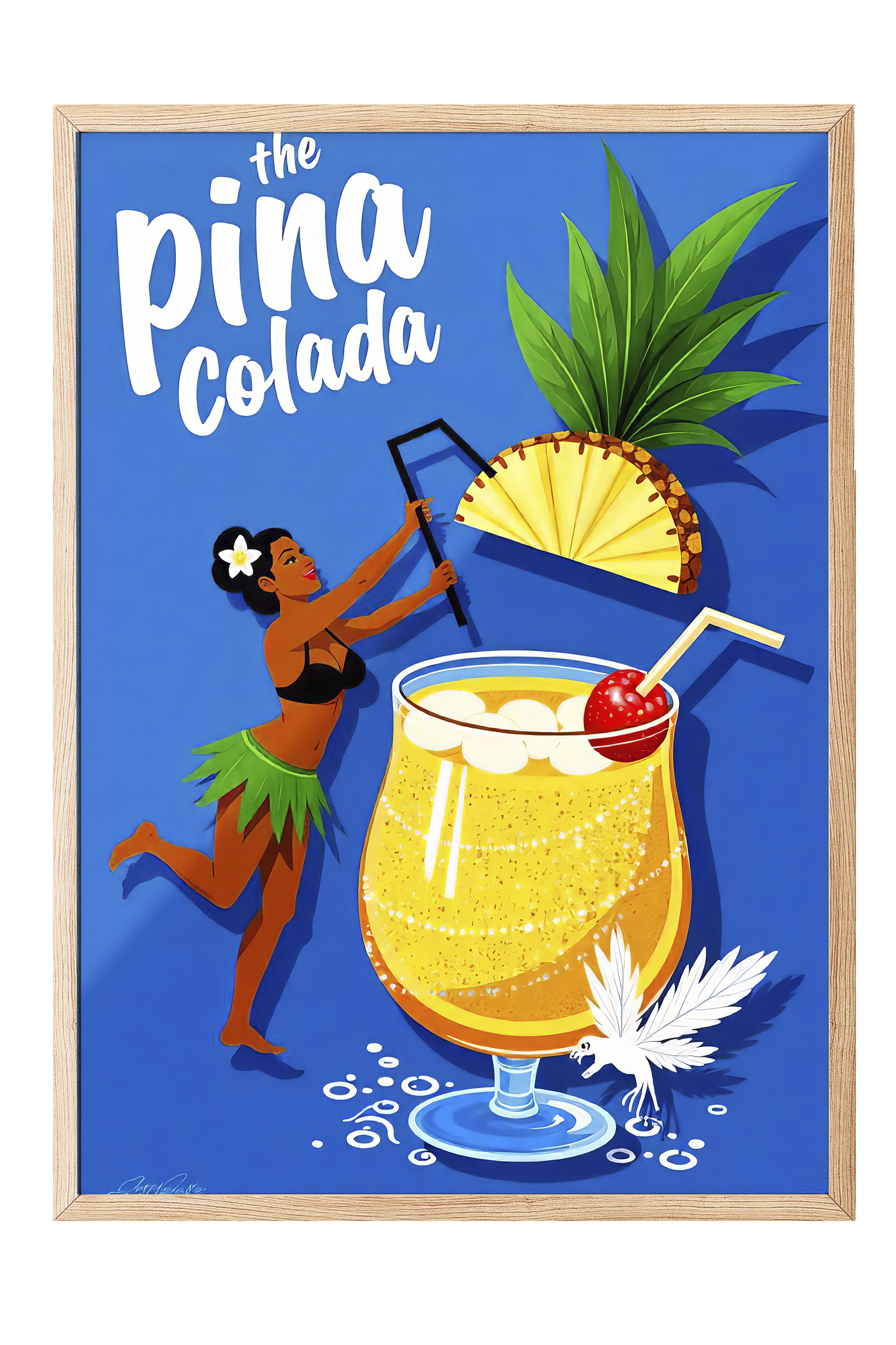 Ahşap Çerçeveli Tablo, Pina Colada, İllüstrasyon, Maximalist, Lacivert Renk Poster, 2025 Yaz Seçkisi, NO:109777