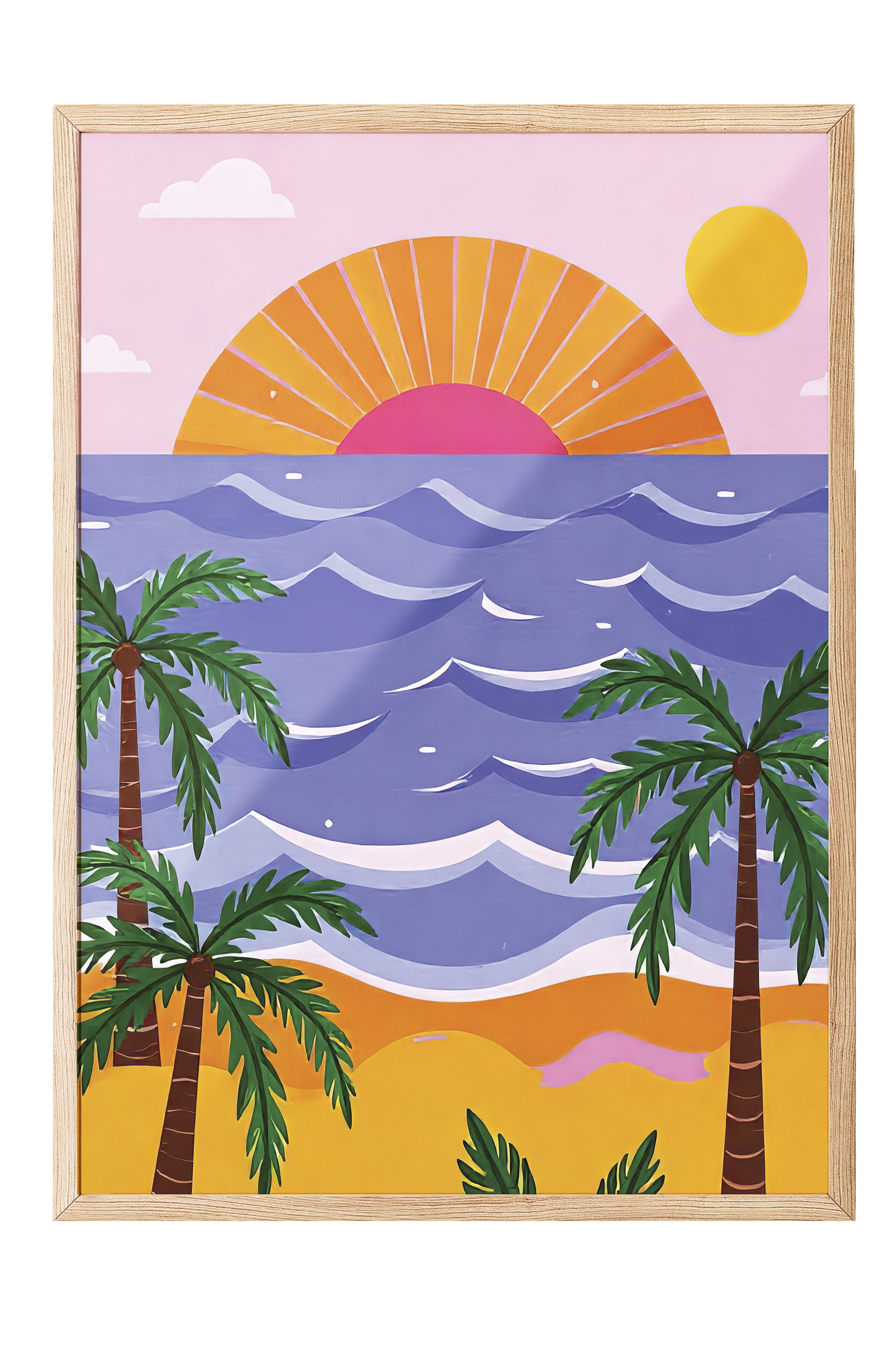 Ahşap Çerçeveli Tablo, Plaj Manzarası, İllüstrasyon, Maximalist, Pembe Renk Poster, 2025 Yaz Seçkisi, NO:109788