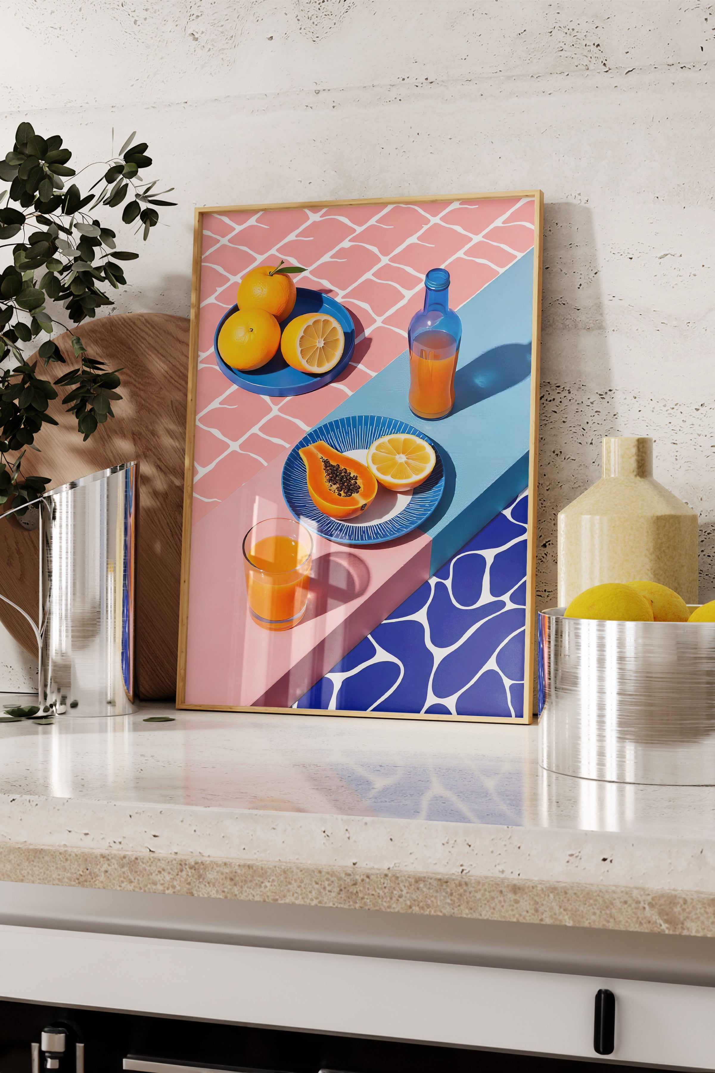 Ahşap Çerçeveli Tablo, Portakallar ve Limonlar, İllüstrasyon, Maximalist, Pembe Renk Poster, 2025 Yaz Seçkisi, NO:109787