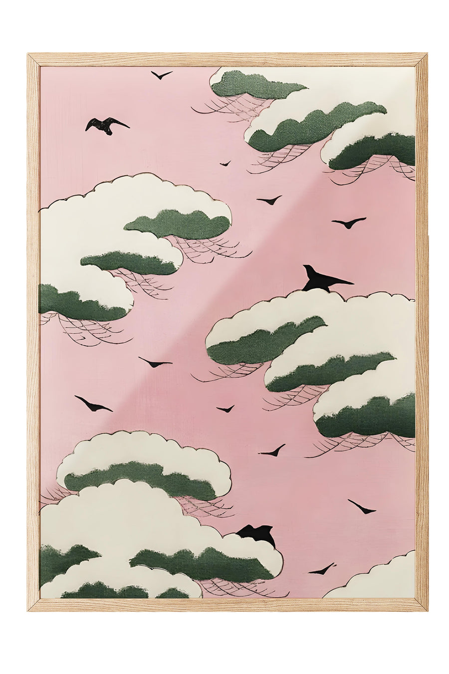 Pembe Gökyüzünde Çam Bulutları Japon Sanatı Poster – Ahşap Çerçeveli Tablo