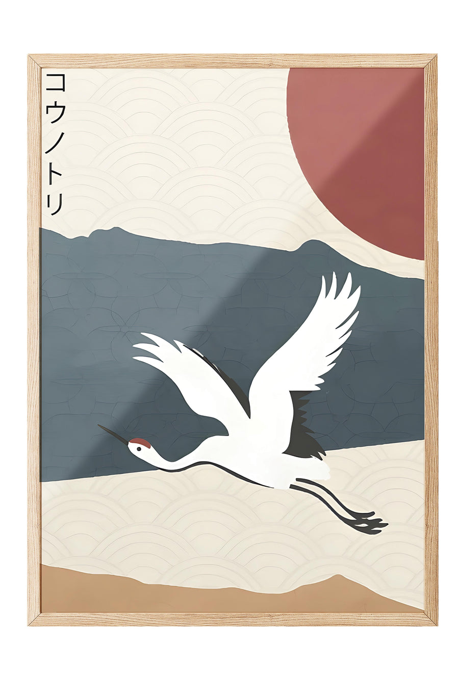 Uçan Turna Kuşu ve Kızıl Güneş Japon Sanatı Poster – Ahşap Çerçeveli Tablo