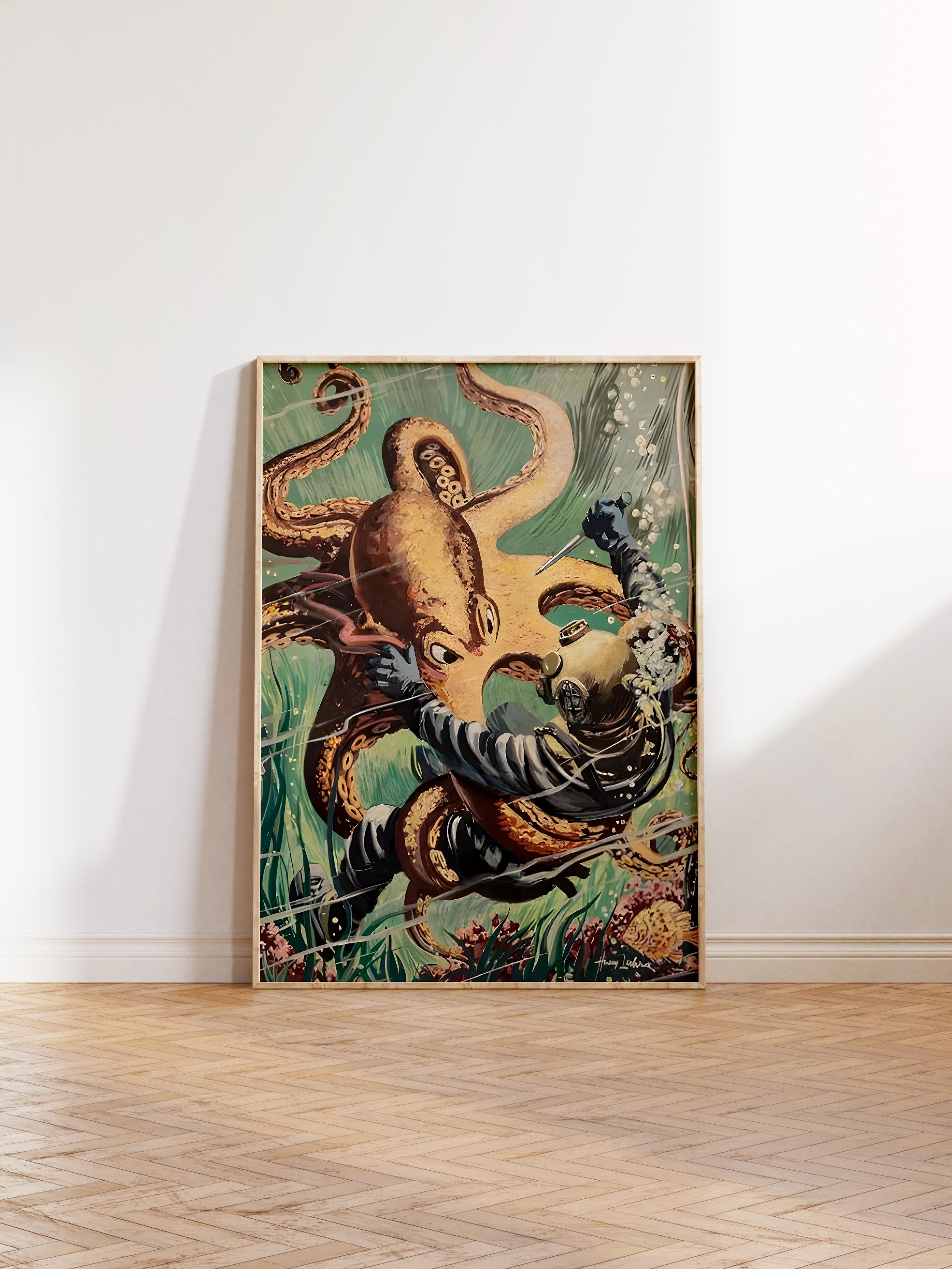 Ahşap Çerçeveli Tablo, Poster ve Çerçeve Seti, Octopus Attacks Comfort Serisi NO:108733