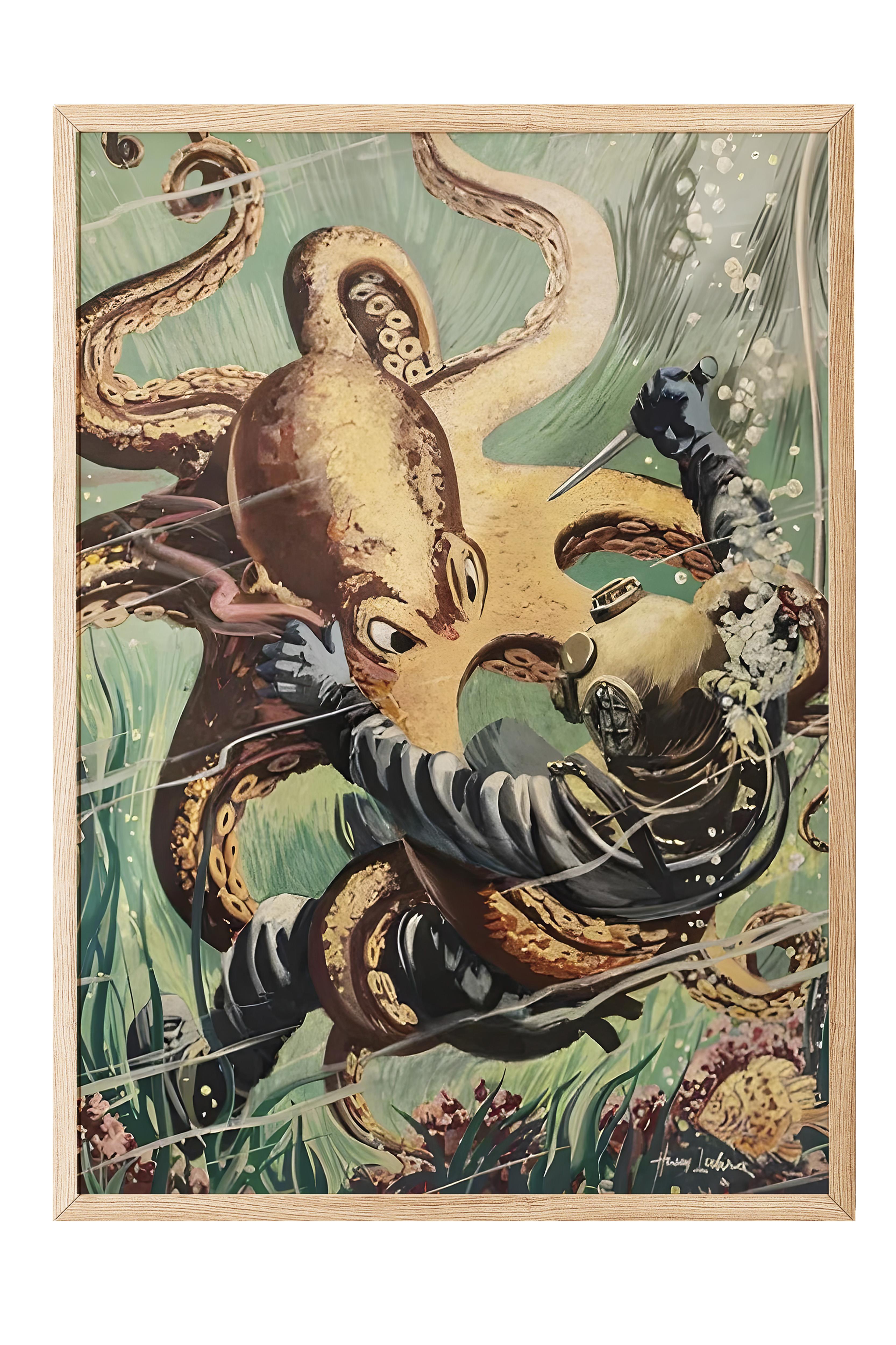 Ahşap Çerçeveli Tablo, Poster ve Çerçeve Seti, Octopus Attacks Comfort Serisi NO:108733