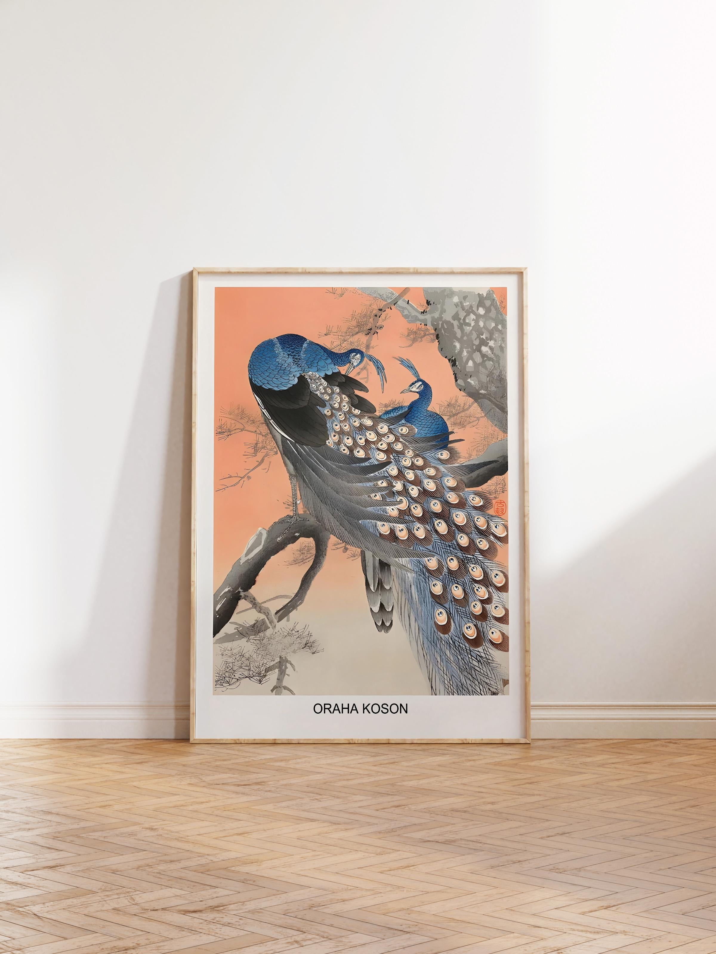 Ahşap Çerçeveli Tablo, Ohara Koson - Two Peacocks Tree Branch Comfort Serisi NO:108713
