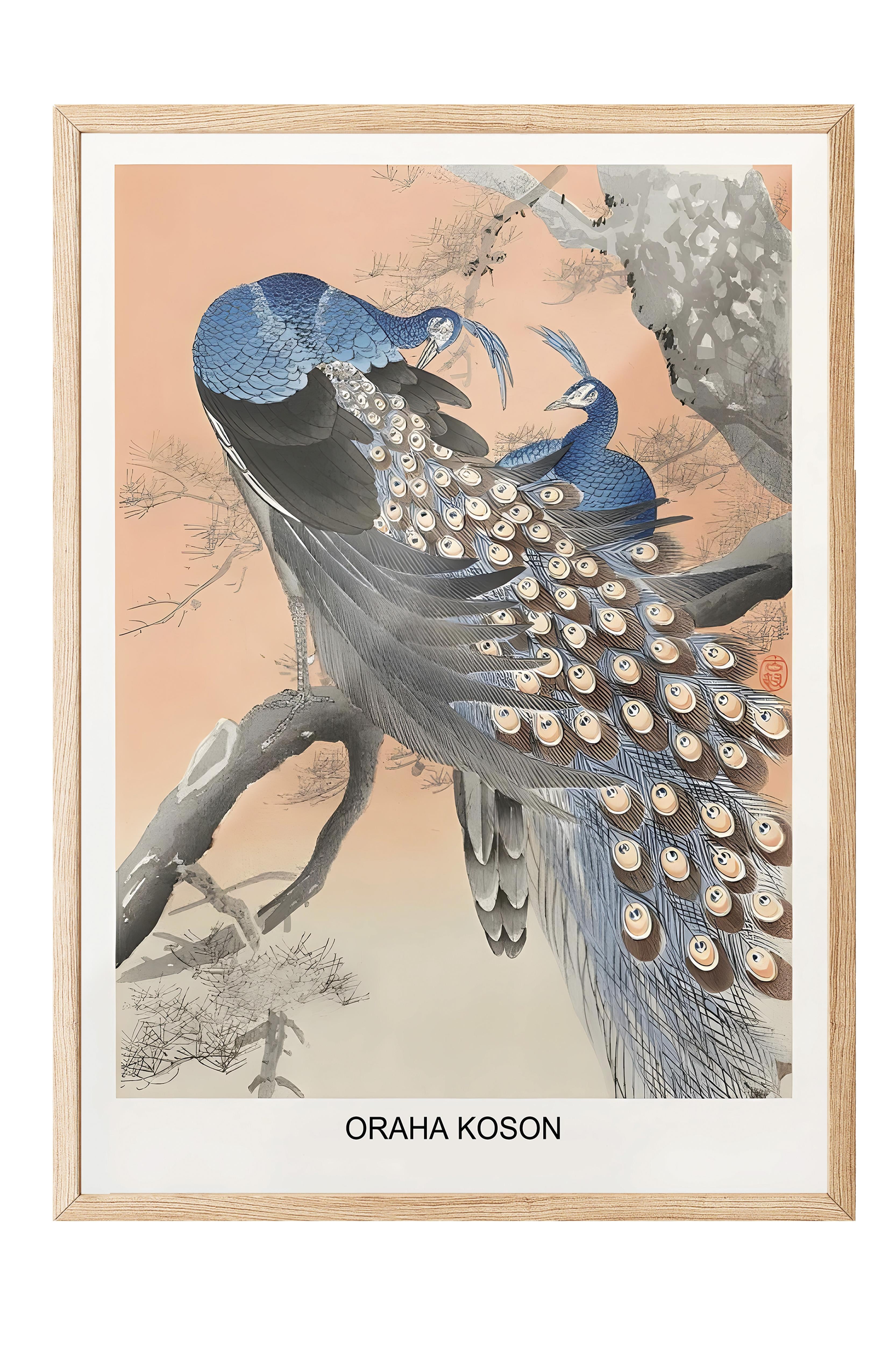 Ahşap Çerçeveli Tablo, Ohara Koson - Two Peacocks Tree Branch Comfort Serisi NO:108713