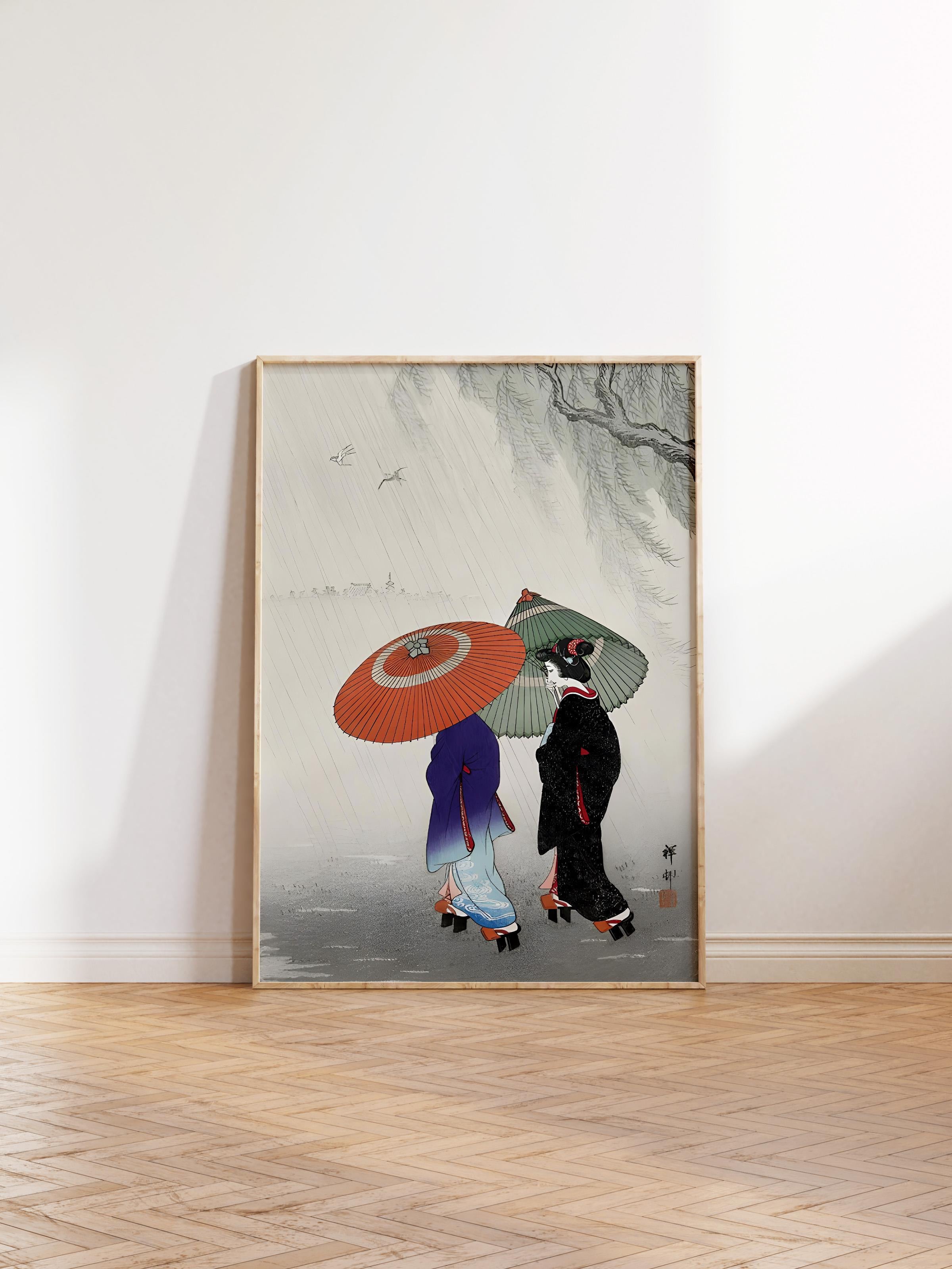 Ahşap Çerçeveli Tablo, Ohara Koson - Two Women In The Rain Comfort Serisi NO:108716