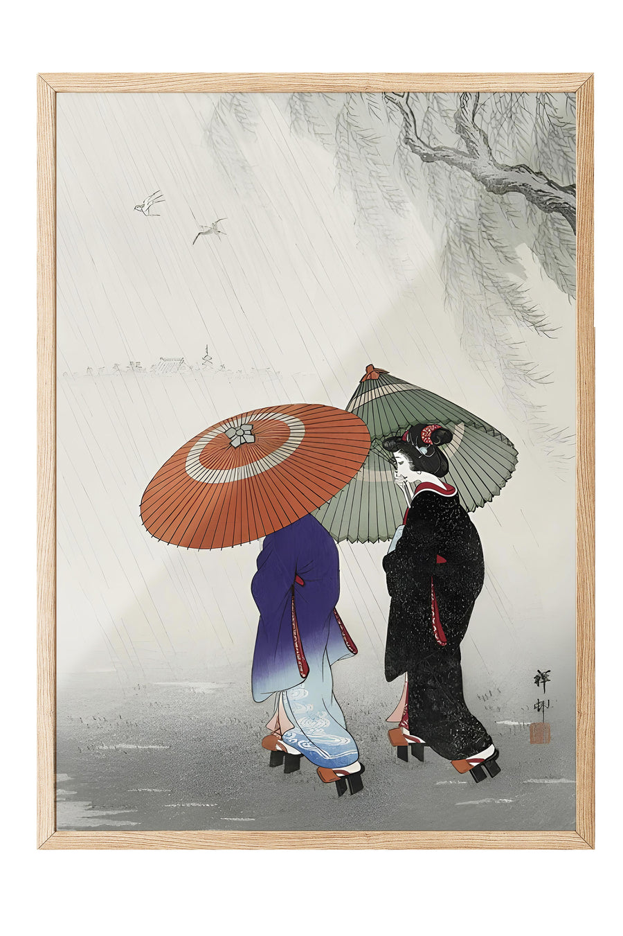 Yağmurda Yürüyen Kimonolu Kadınlar Japon Sanatı Poster – Ahşap Çerçeveli Tablo