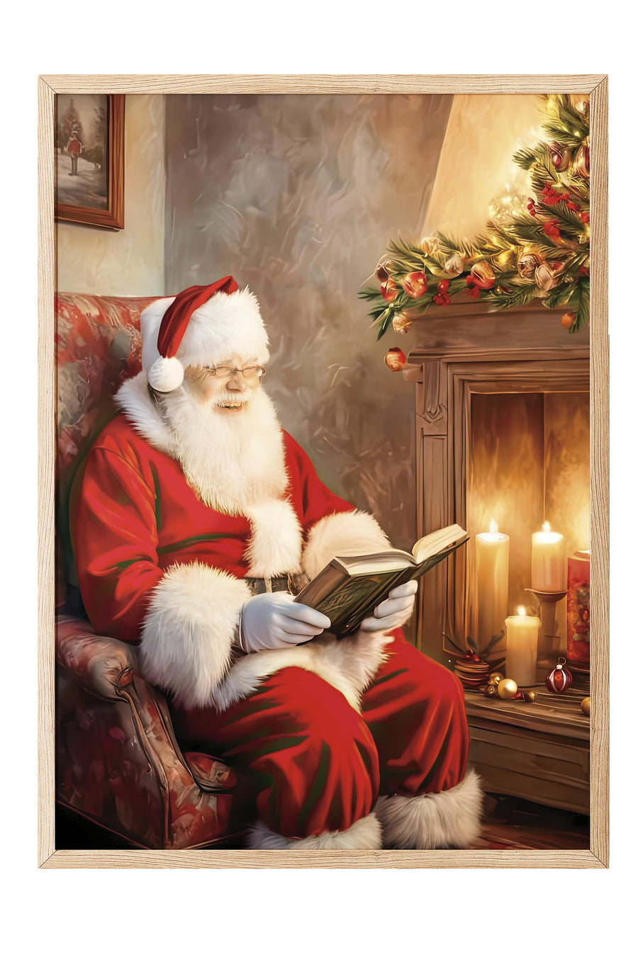 Noel Baba'nın Okuma Anı Yılbaşı Poster – Ahşap Çerçeveli Tablo