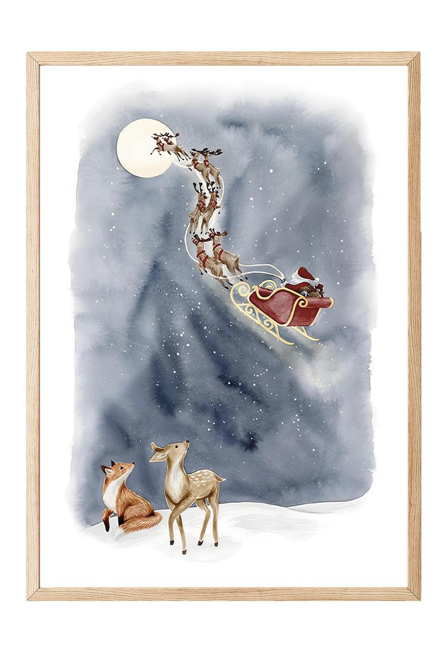 Ayışığında Noel Baba ve Ren Geyikleri Yılbaşı Poster – Ahşap Çerçeveli Tablo