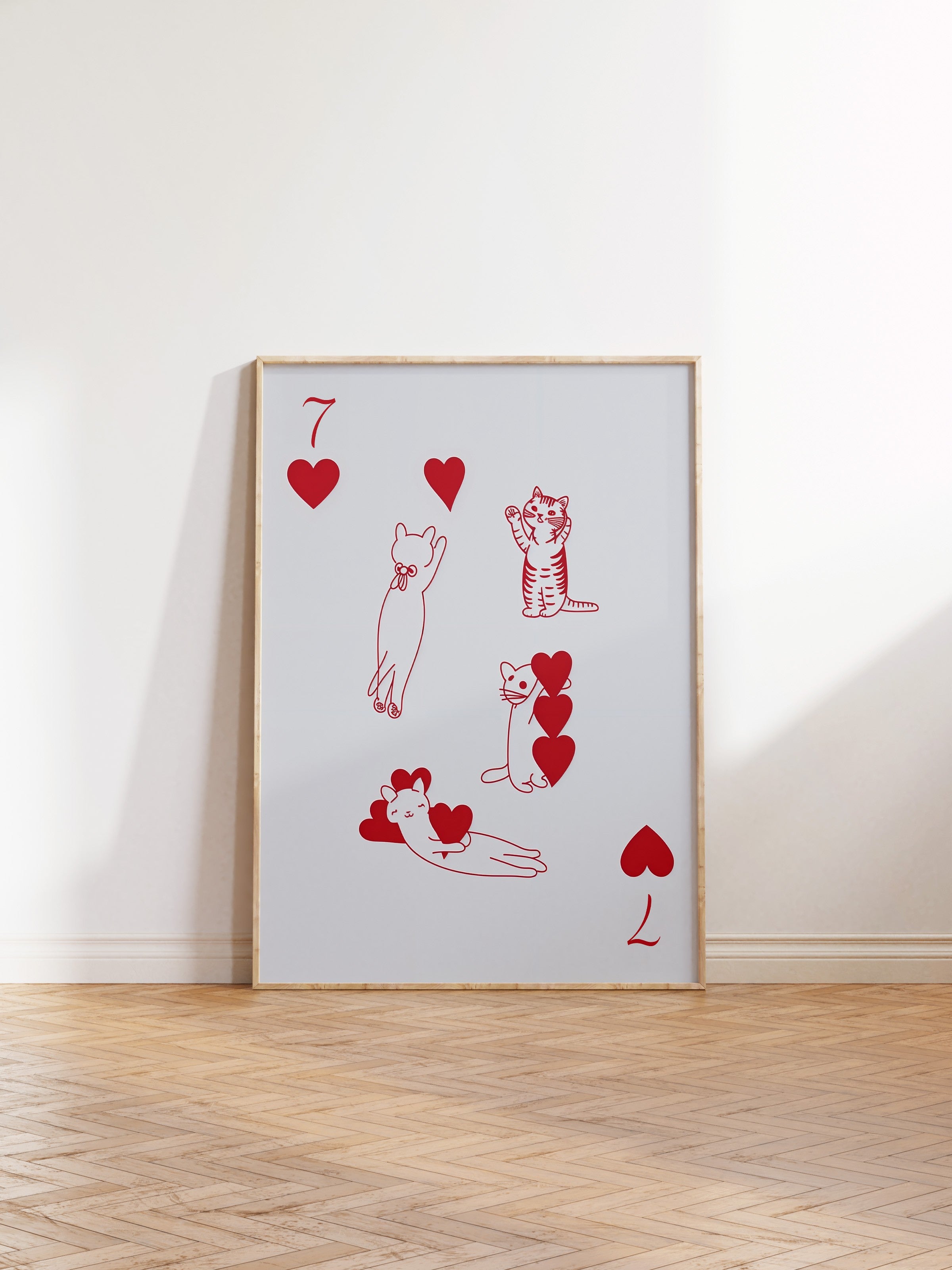 Ahşap Çerçeveli Tablo, Red | 7 of Hearts with Cats, Comfort Serisi Poster ve Ahşap Tablo, NO:108938
