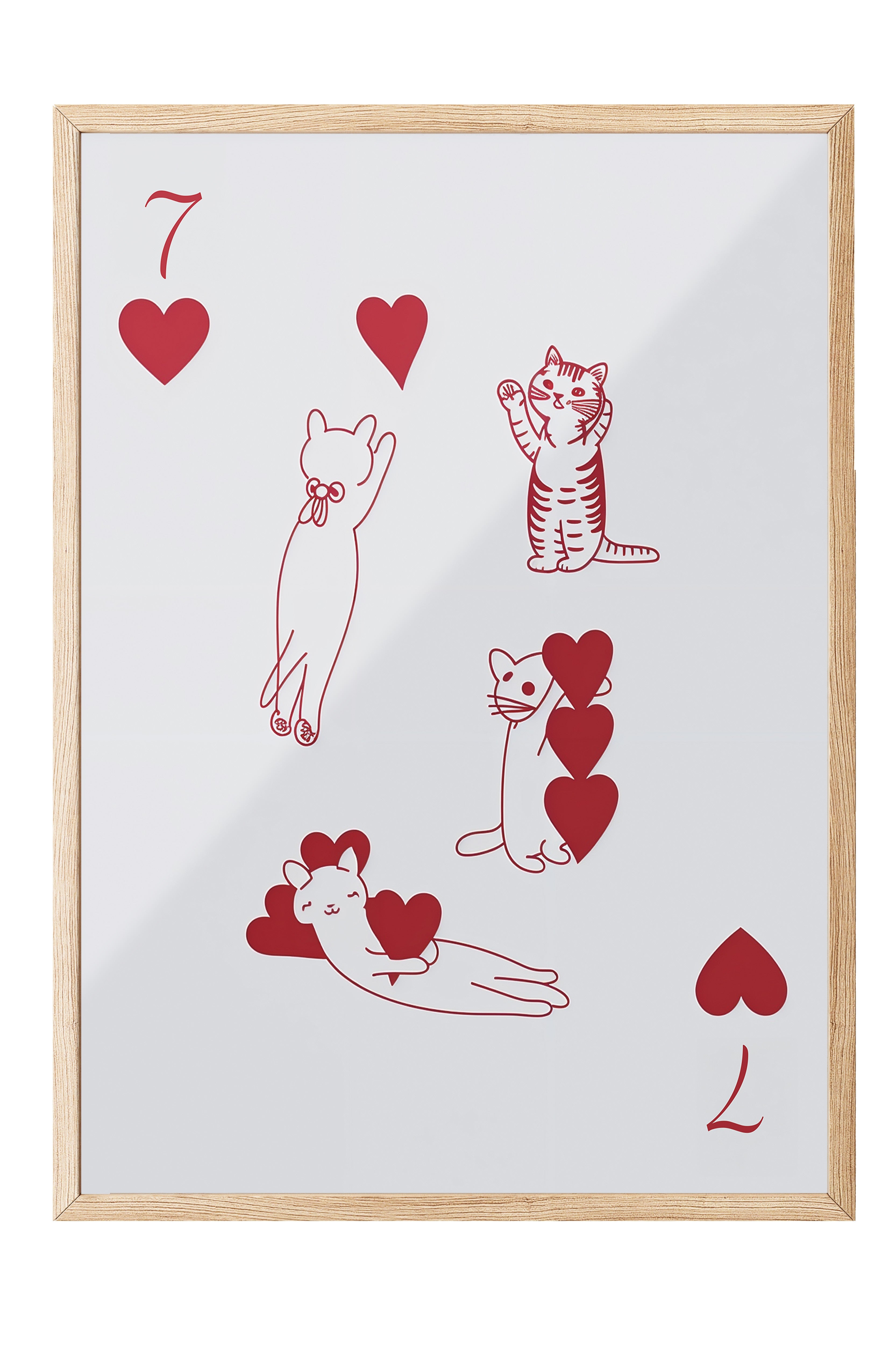 Ahşap Çerçeveli Tablo, Red | 7 of Hearts with Cats, Comfort Serisi Poster ve Ahşap Tablo, NO:108938