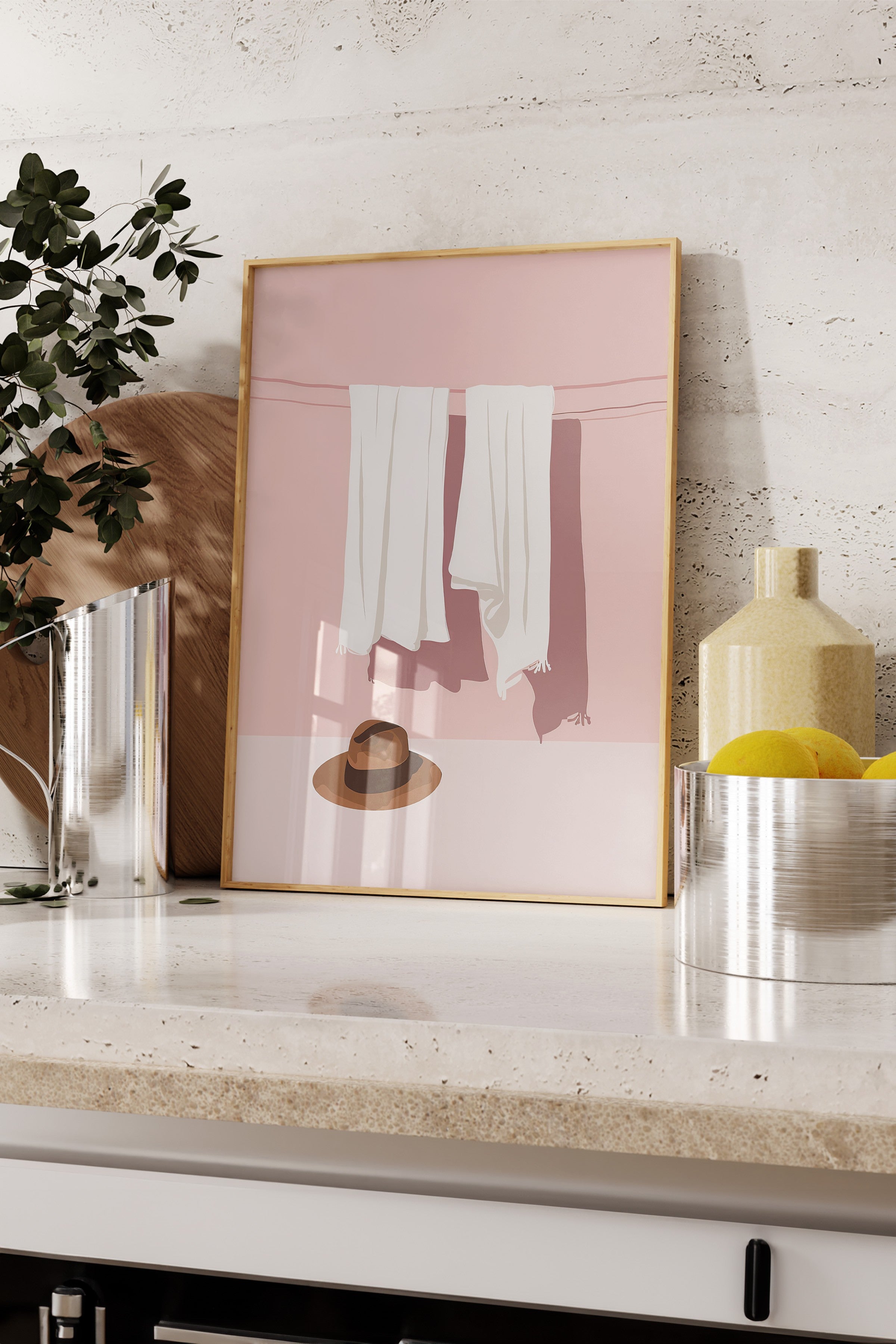 Ahşap Çerçeveli Tablo, Şapka, Havlu, Minimalist, Düz İllüstrasyon, Pastel Tonlar, Beyaz Renk Poster, 2025 Yaz Seçkisi, NO:109800