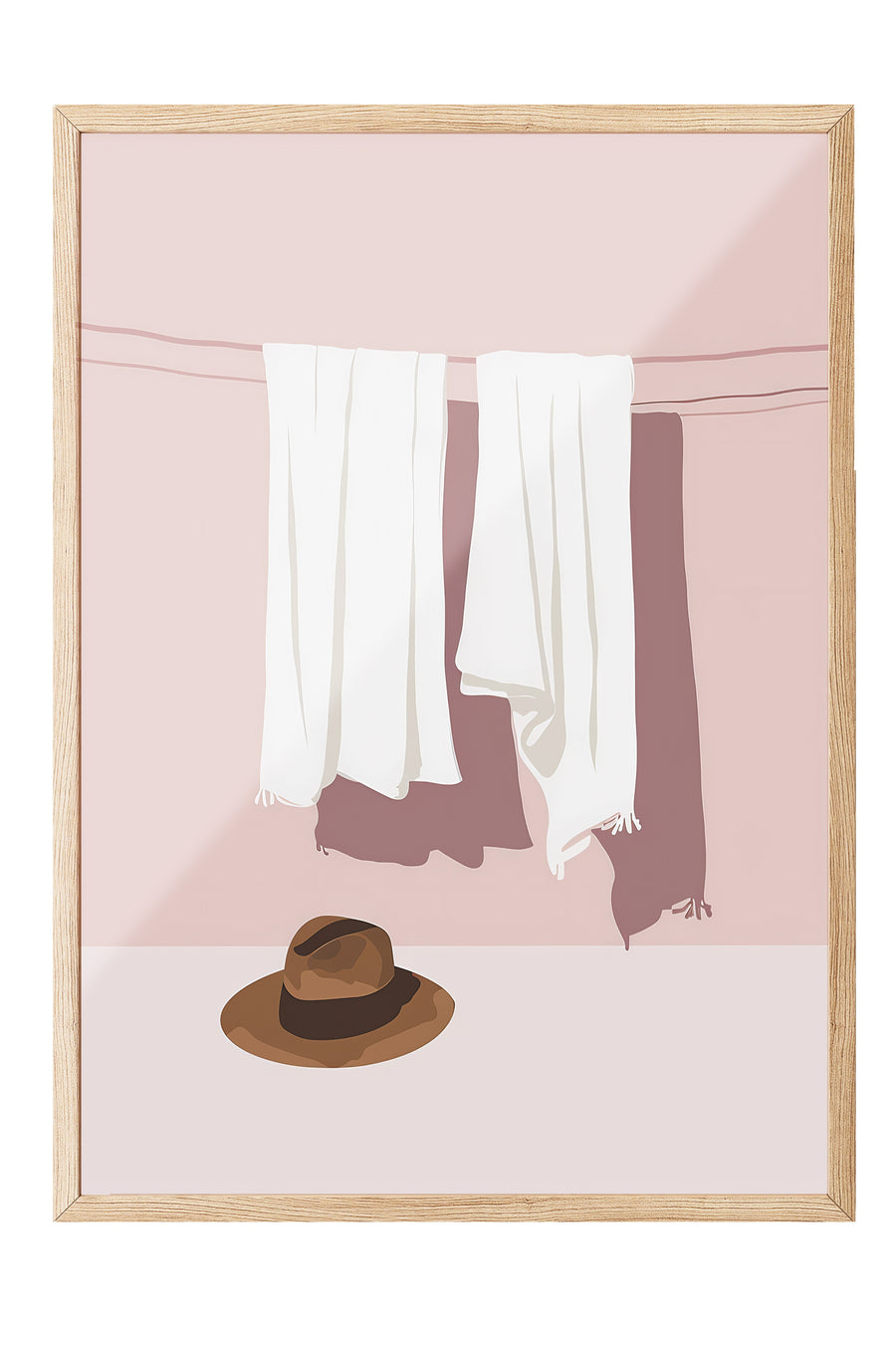 İple Asılı Havlular ve Şapka Minimalist Beyaz Poster – Ahşap Çerçeveli Tablo
