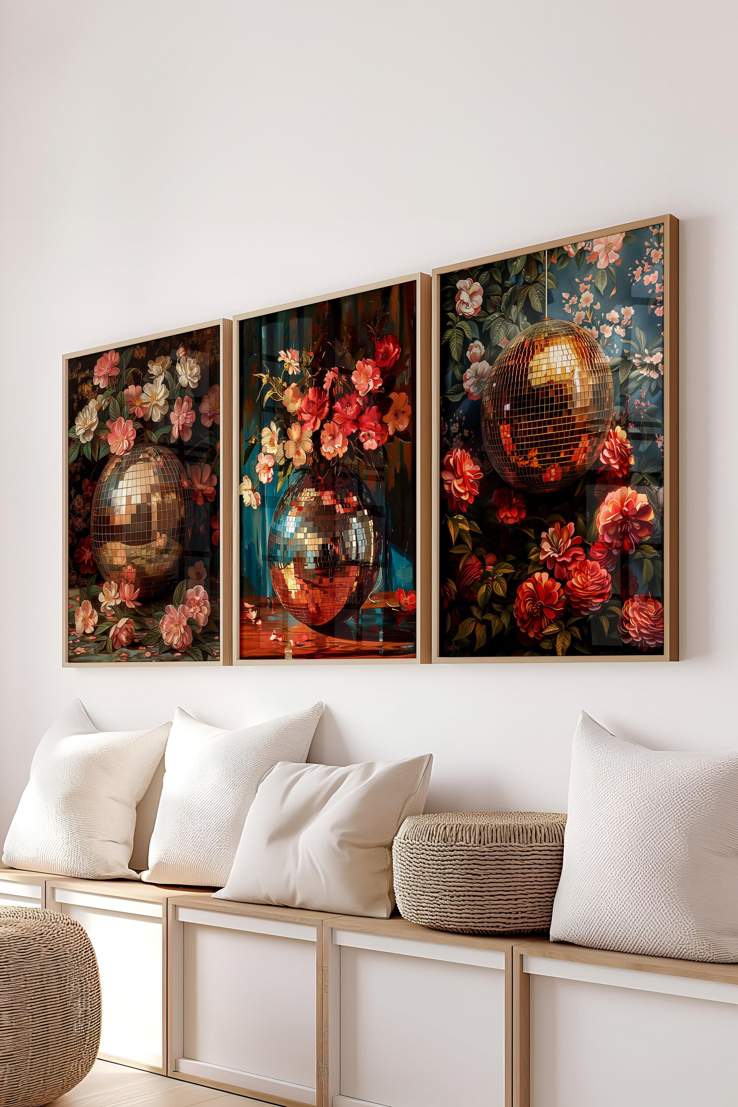 Ahşap Çerçeveli Tablo Seti, Disko Topu Maximalist Duvar Tablosu, 3 Adet Poster Seti, No:300798