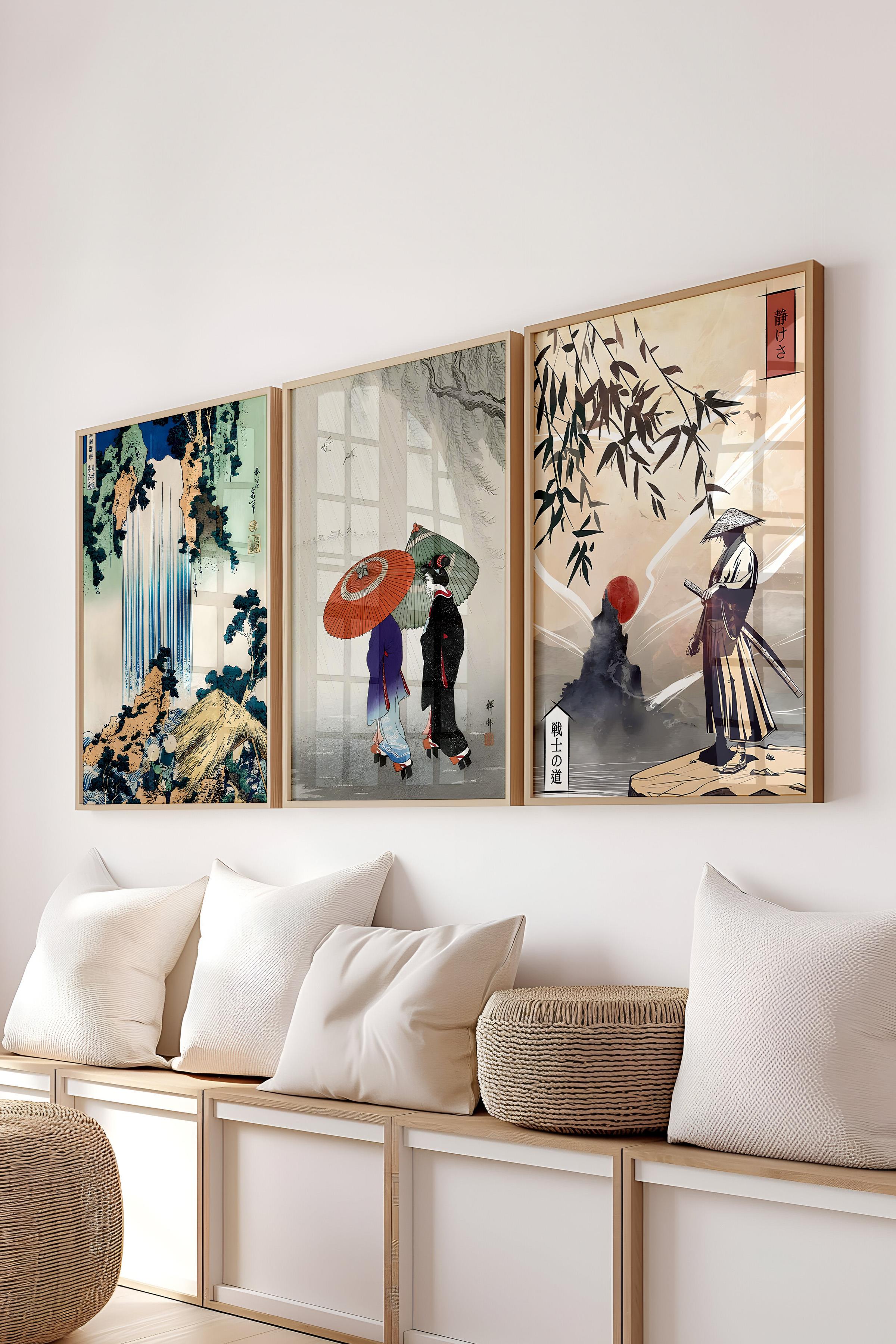 Ahşap Çerçeveli Tablo Seti, Hokusai Duvar Tablosu, 3 Adet Poster Seti, No:300742