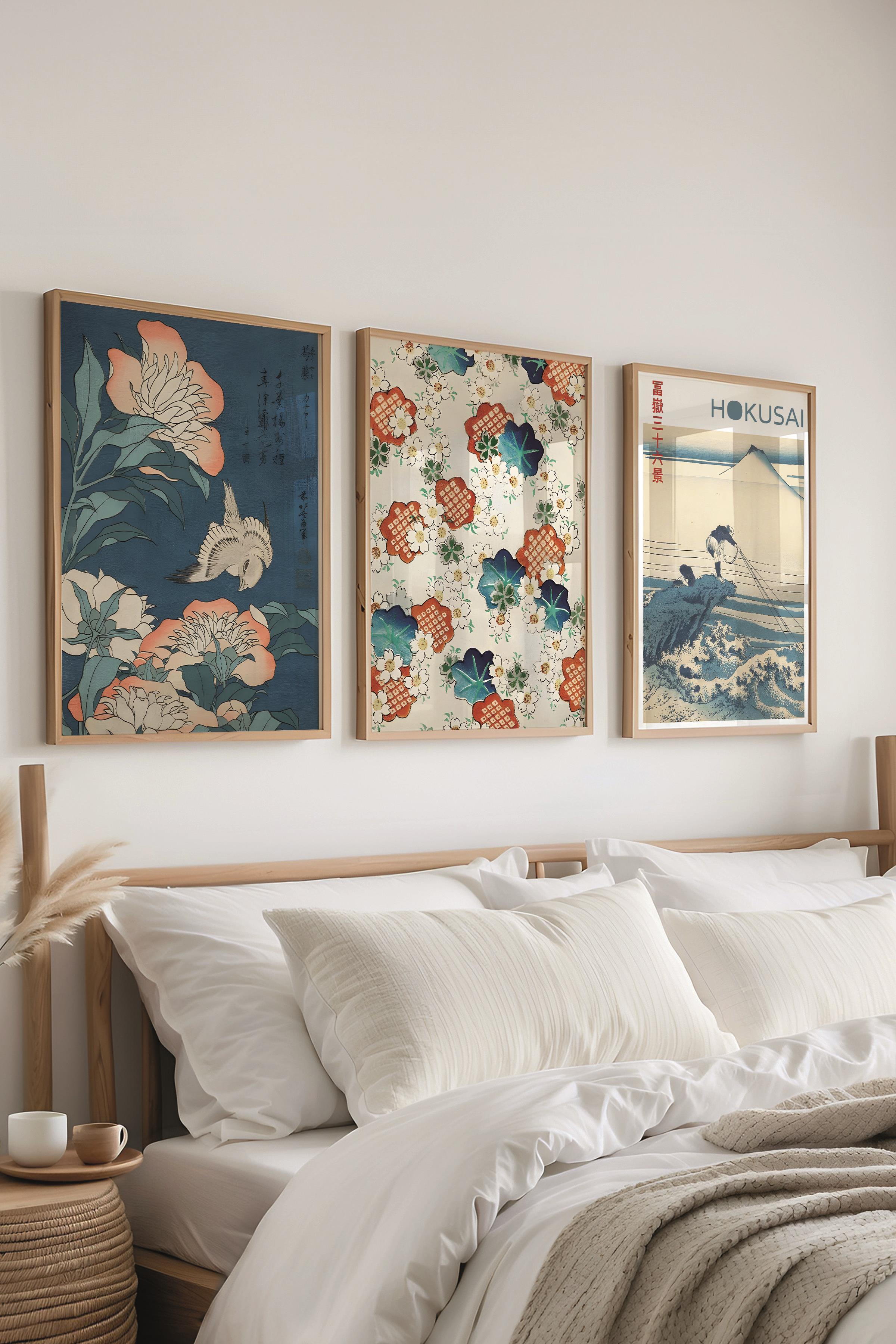 Ahşap Çerçeveli Tablo Seti, Hokusai Duvar Tablosu, 3 Adet Poster Seti, No:300762