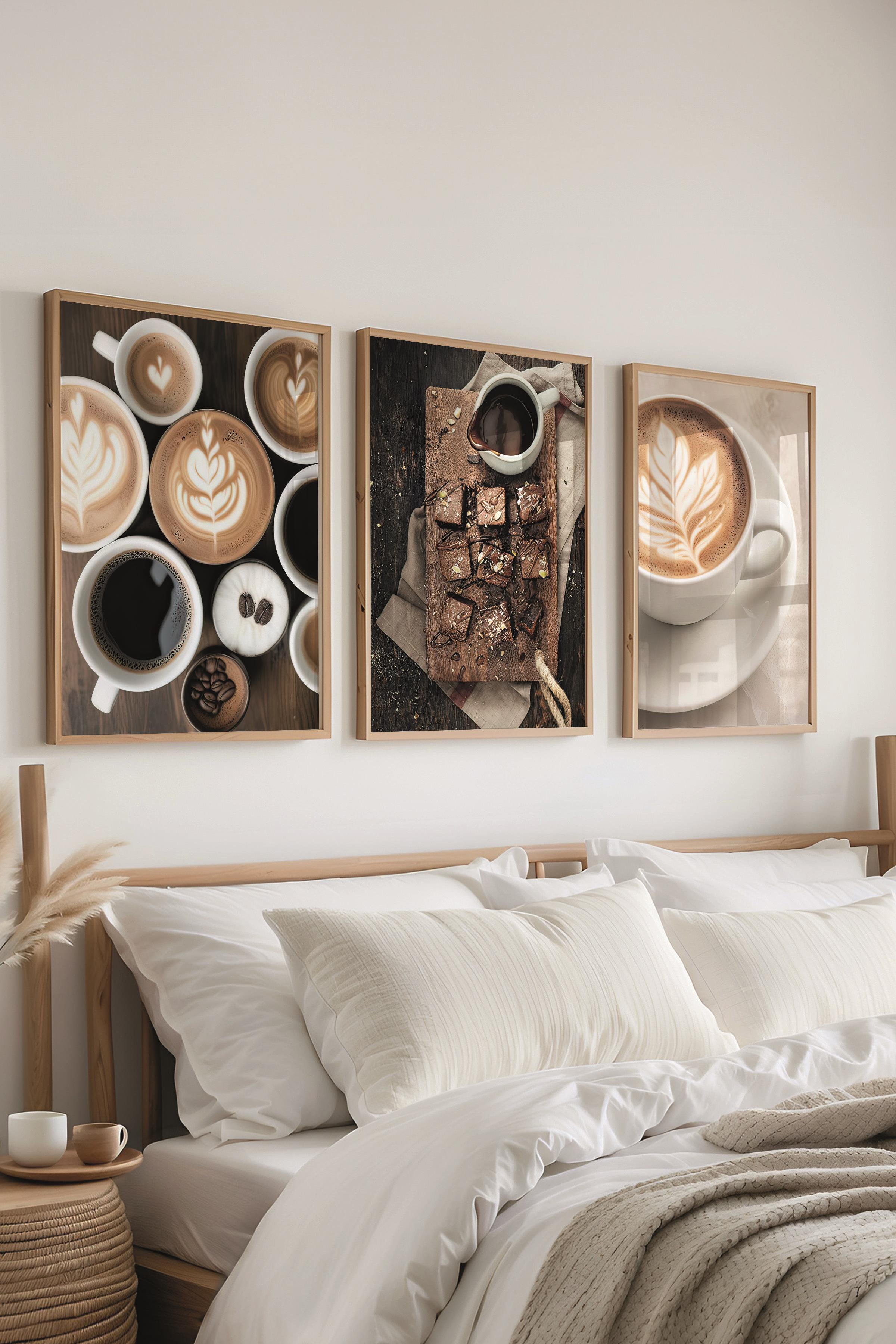Ahşap Çerçeveli Tablo Seti, Kahve, Kafe ve Mutfak Duvar Tablosu, 3 Adet Poster Seti, No:300722