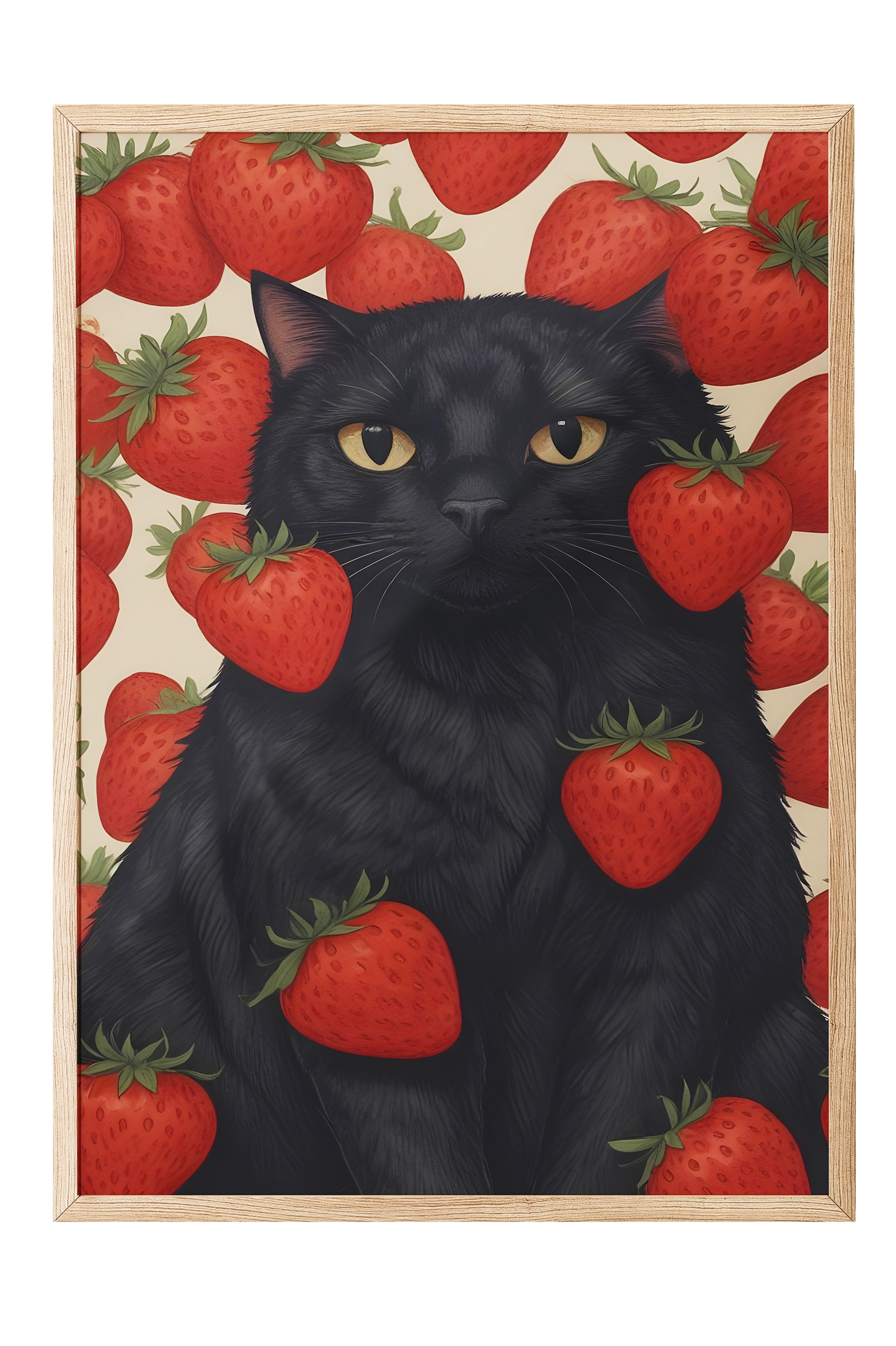 Ahşap Çerçeveli Tablo, Strawberry Cat, Comfort Serisi Mutfak Ahşap Tablo, NO:109108