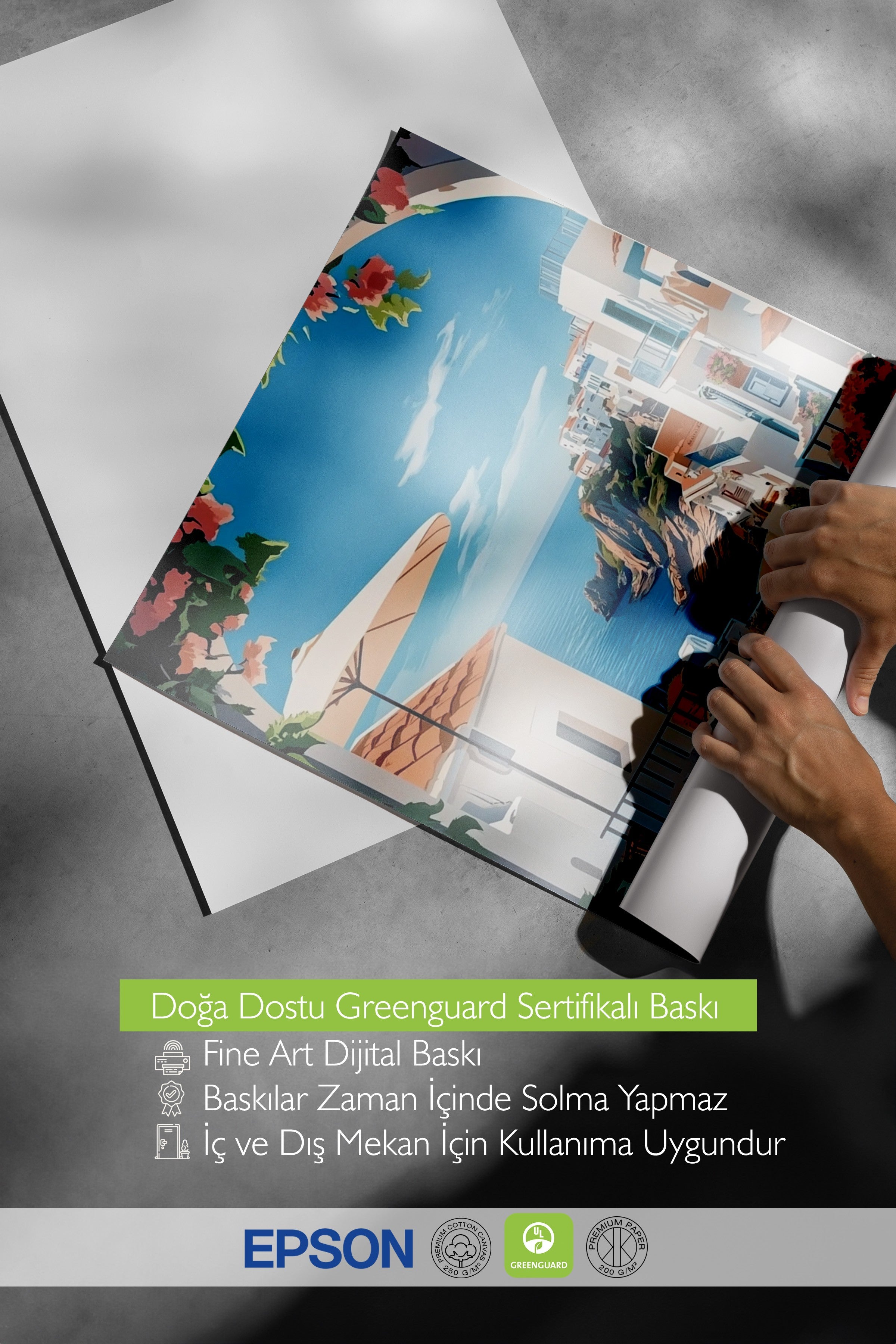 Ahşap Çerçeveli Tablo, Teras, Okyanus, Çiçekler, Düz İllüstrasyon, Modern, Mavi, Beyaz Renk Poster, 2025 Yaz Seçkisi, NO:109809