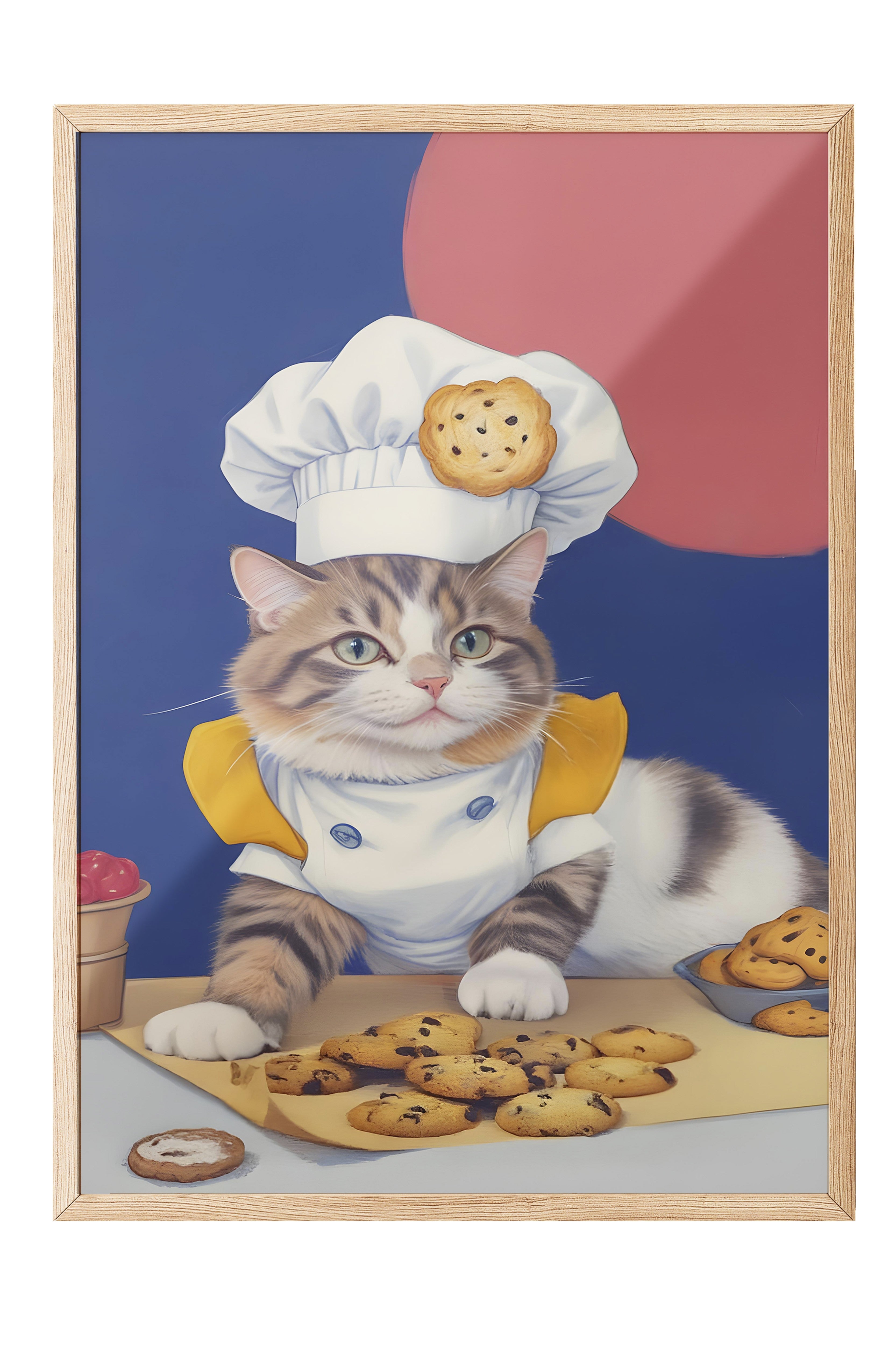 Ahşap Çerçeveli Tablo, The Chef Cat of Cookies, Comfort Serisi Mutfak Ahşap Tablo, NO:109104