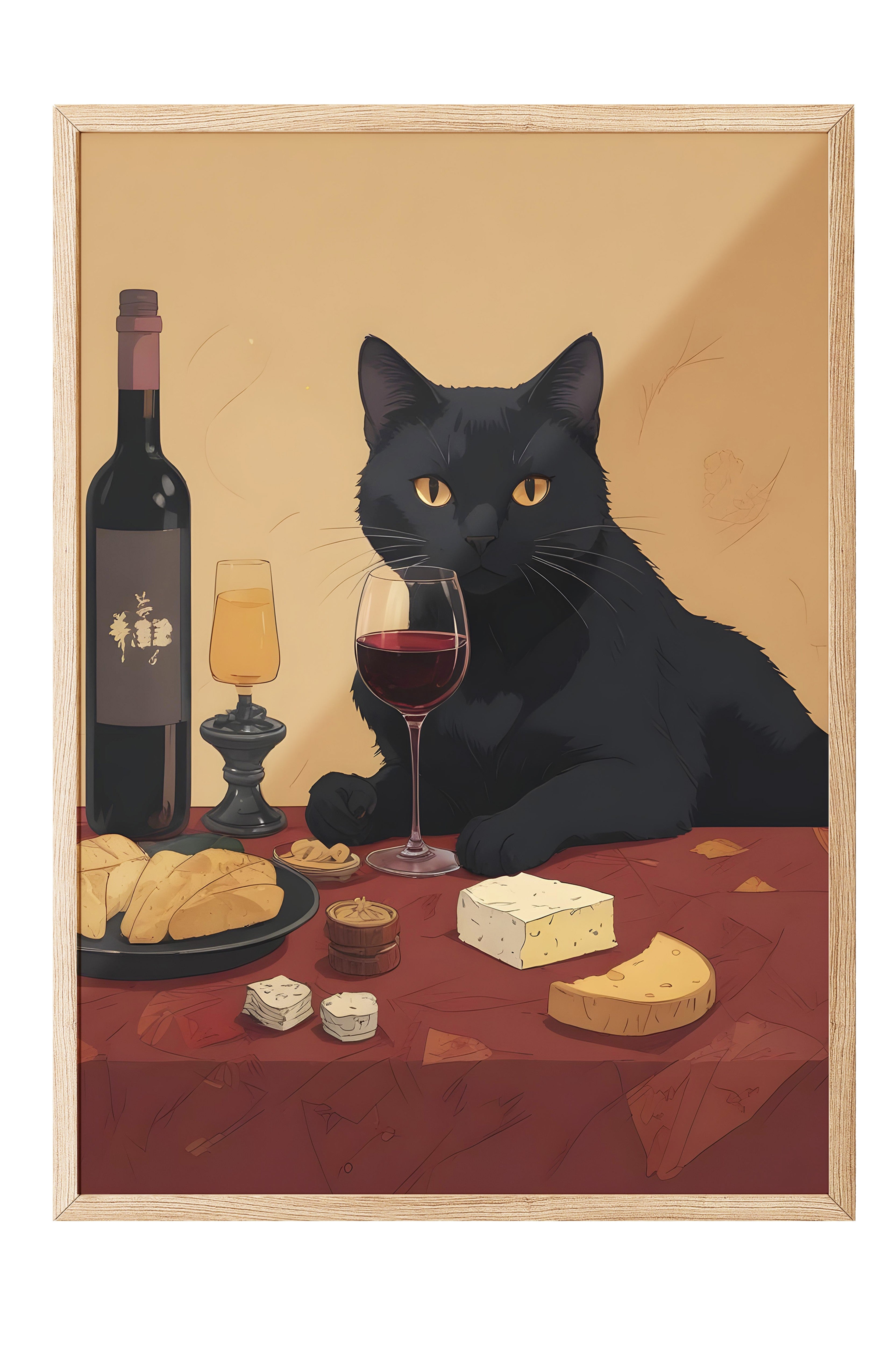 Ahşap Çerçeveli Tablo, Wine & Cat, Comfort Serisi Mutfak Ahşap Tablo, NO:109060