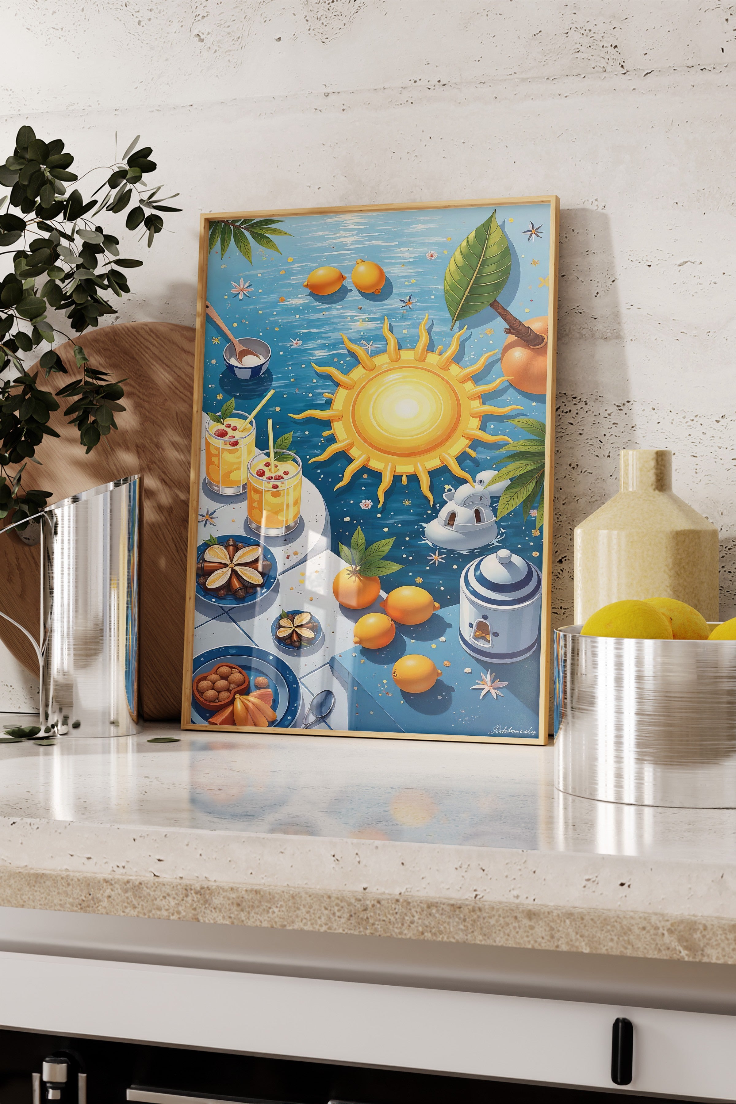 Ahşap Çerçeveli Tablo, Yaz Meyveleri, İllüstrasyon, Maximalist, Sarı Renk Poster, 2025 Yaz Seçkisi, NO:109764