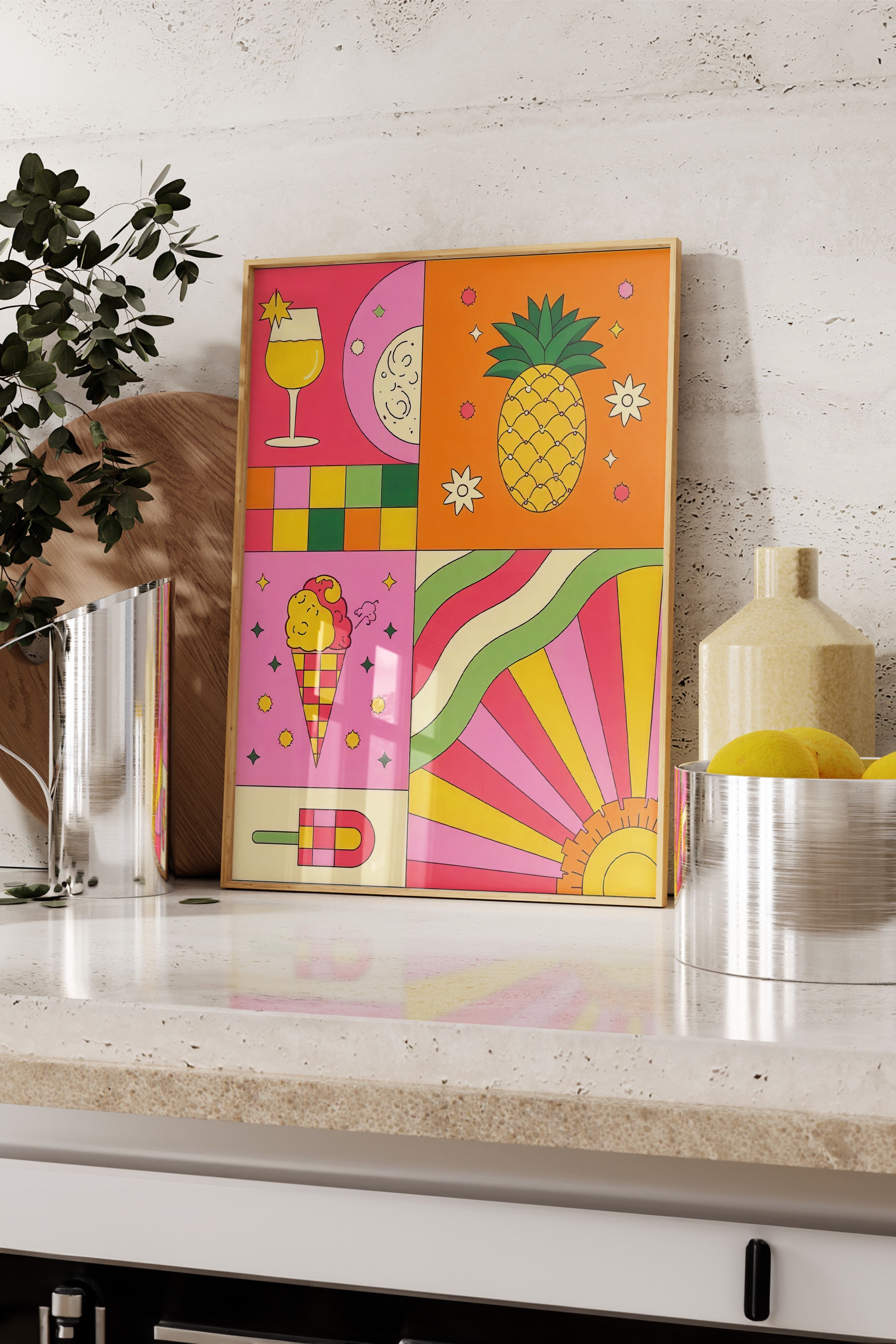Ahşap Çerçeveli Tablo, Yaz Öğeleri, İllüstrasyon Maximalist, Pembe Renk Poster, 2025 Yaz Seçkisi, NO:109754