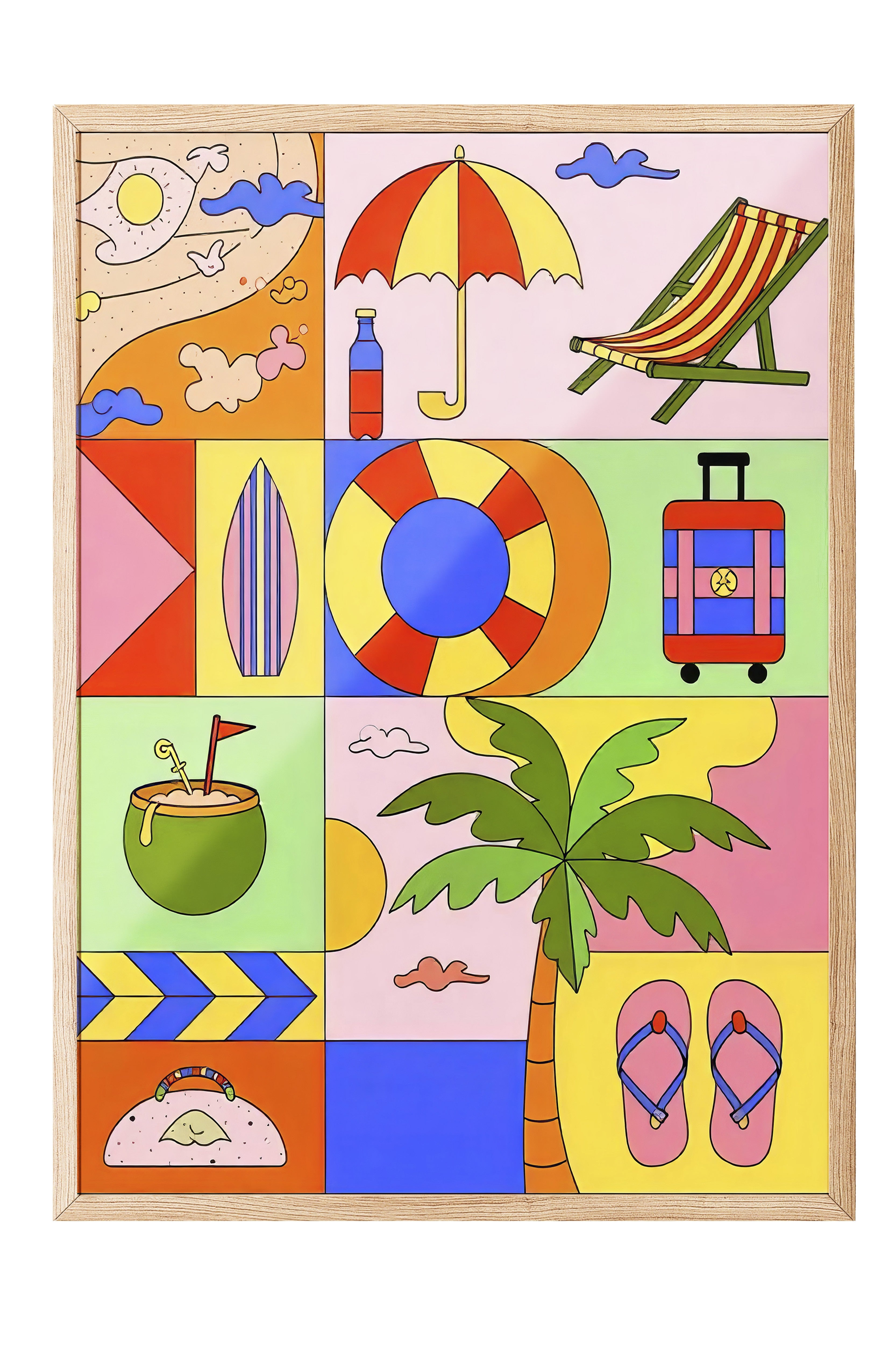 Ahşap Çerçeveli Tablo, Yaz Öğeleri, İllüstrasyon Maximalist, Pembe Renk Poster, 2025 Yaz Seçkisi, NO:109755