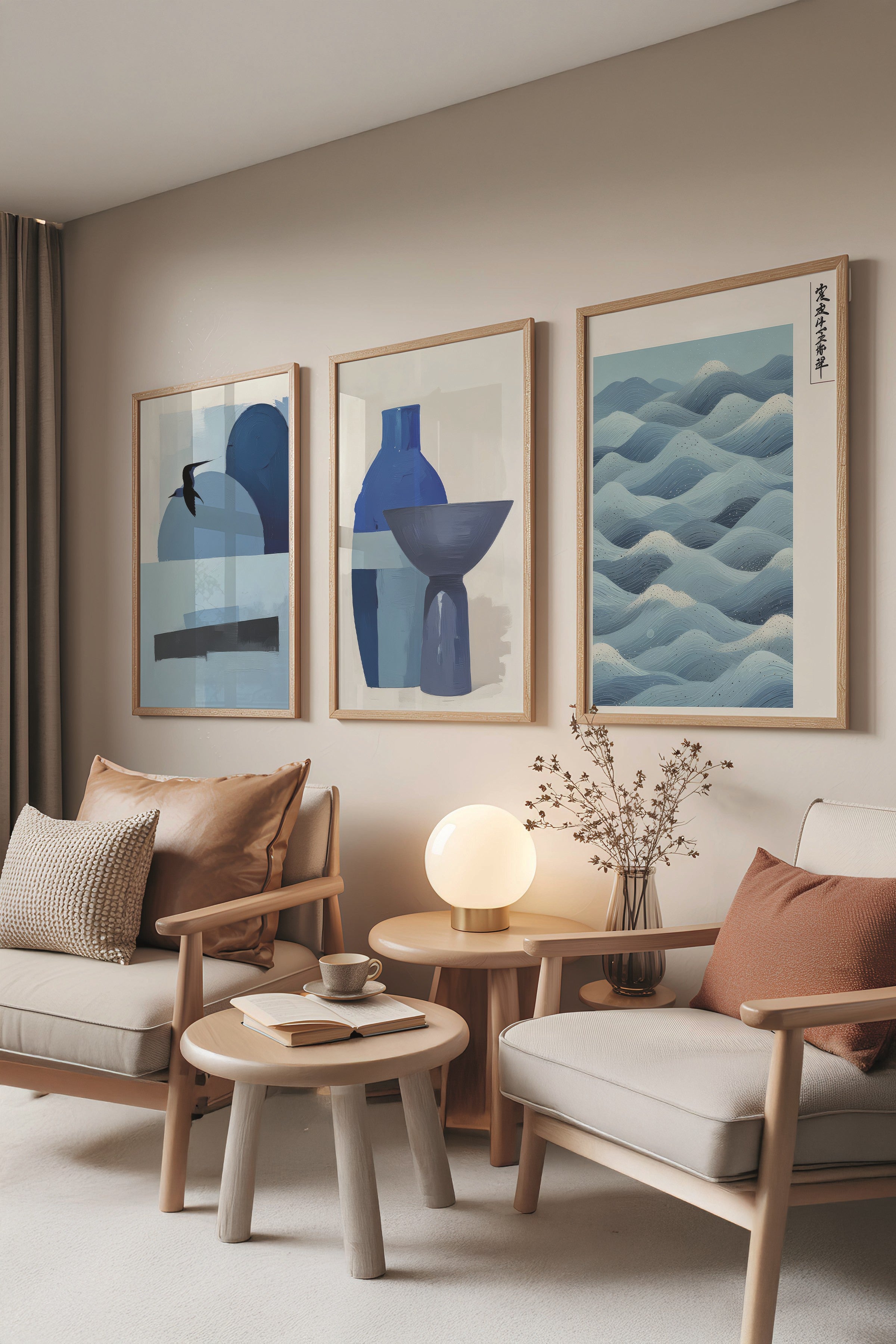 Ahşap Tablo Seti, 3 Adet Ahşap Çerçeveli Poster abstract Model No:300807, Mavi Duvar Dekoru