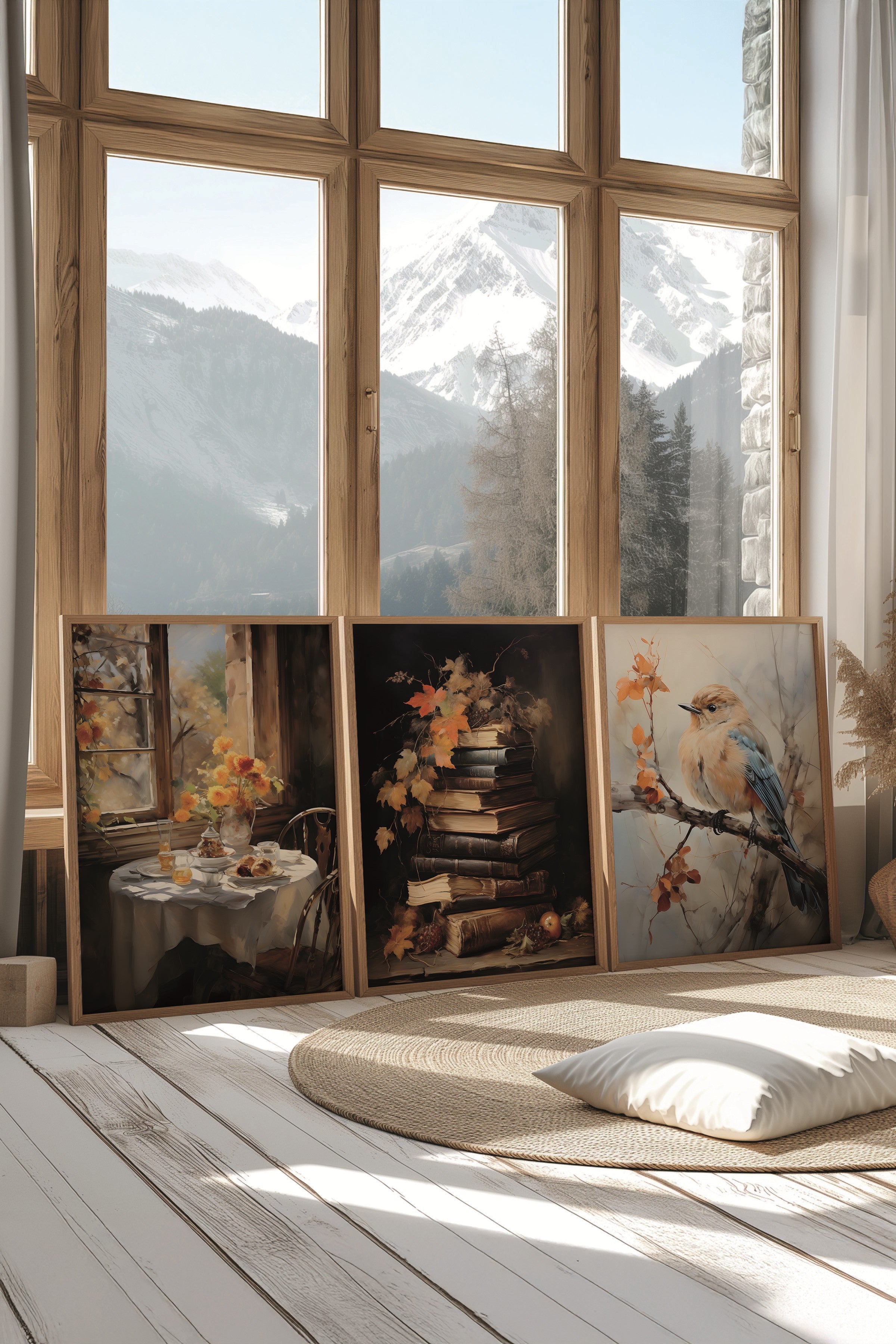 Ahşap Tablo Seti, 3 Adet Ahşap Çerçeveli Poster Autumn Birds Model No:300875, Kahverengi ve Turuncu