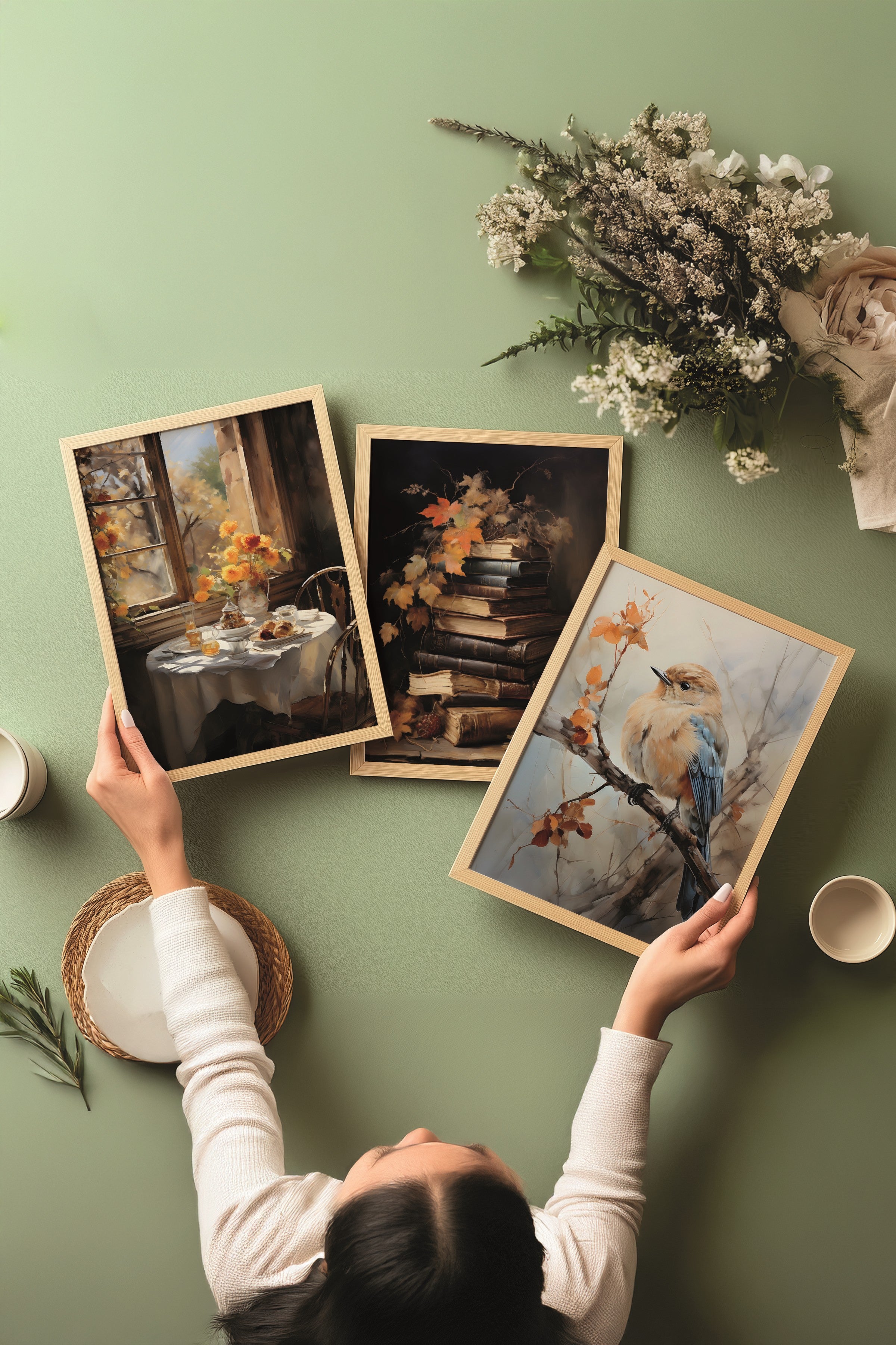 Ahşap Tablo Seti, 3 Adet Ahşap Çerçeveli Poster Autumn Birds Model No:300875, Kahverengi ve Turuncu