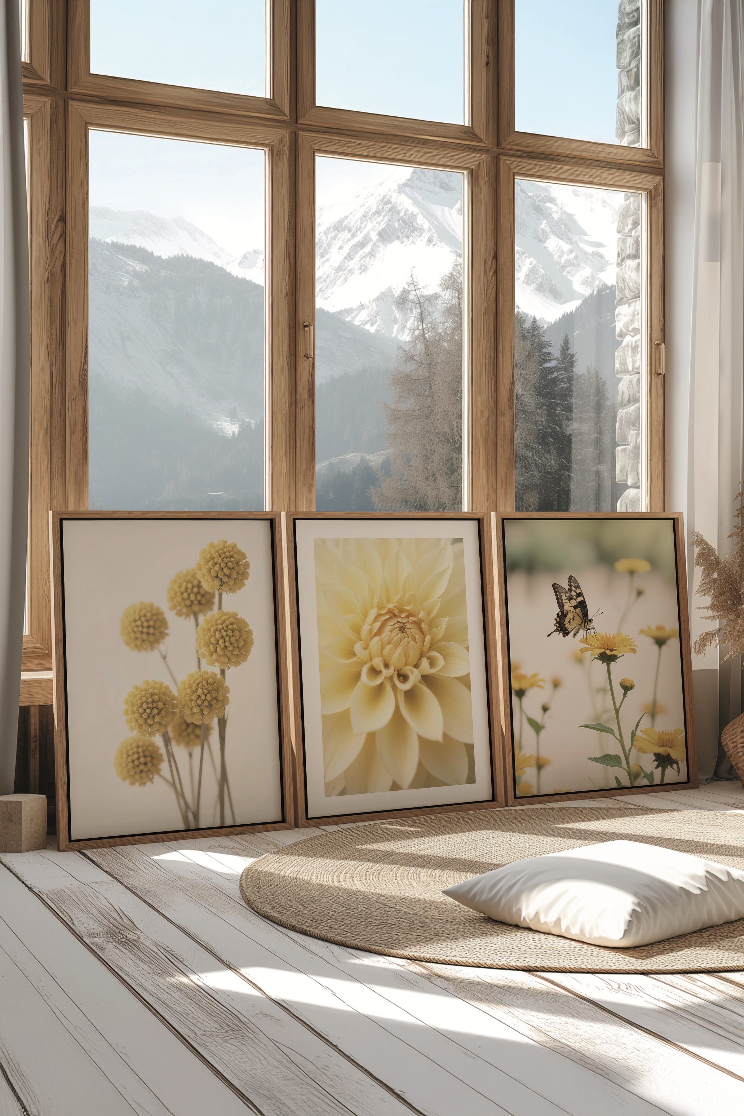 Ahşap Tablo Seti, 3 Adet Ahşap Çerçeveli Poster Bees & Flowers Model No:300805, Sarı Duvar Dekoru
