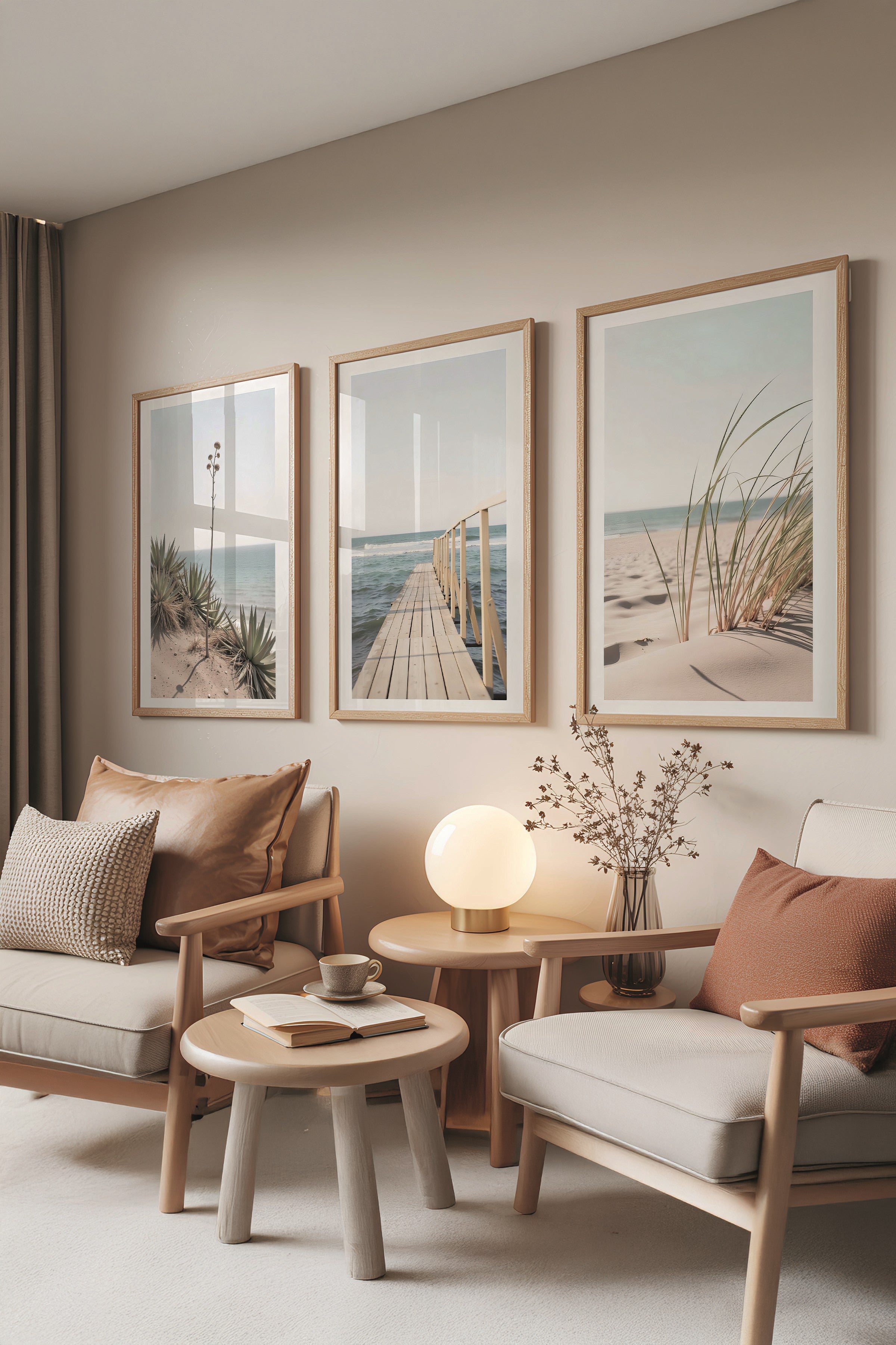 Ahşap Tablo Seti, 3 Adet Ahşap Çerçeveli Poster Best Beach View Model No:300842, Mavi Duvar Dekoru