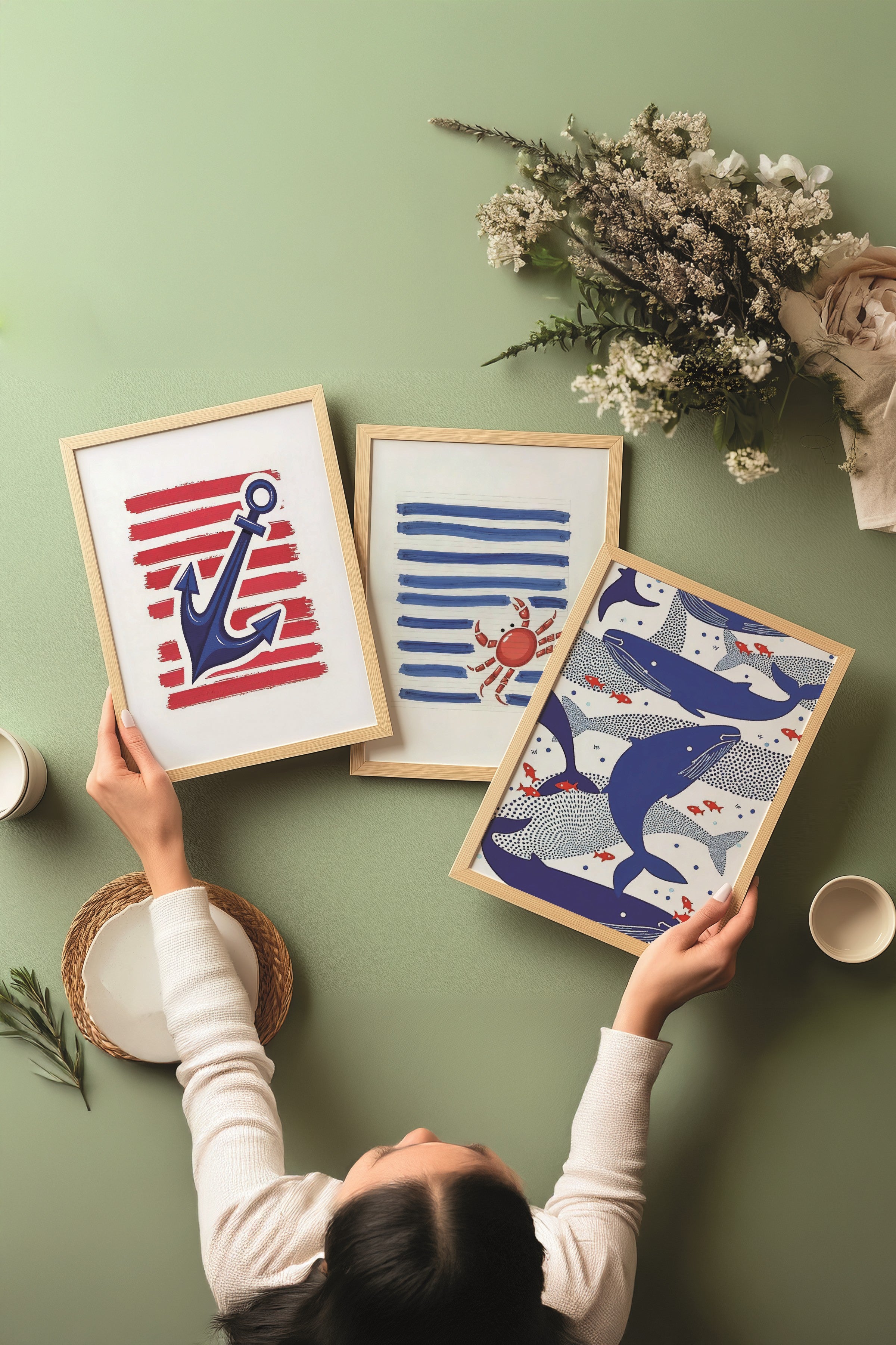 Ahşap Tablo Seti, 3 Adet Ahşap Çerçeveli Poster Blue Whale Model No:300851, Mavi Duvar Dekoru