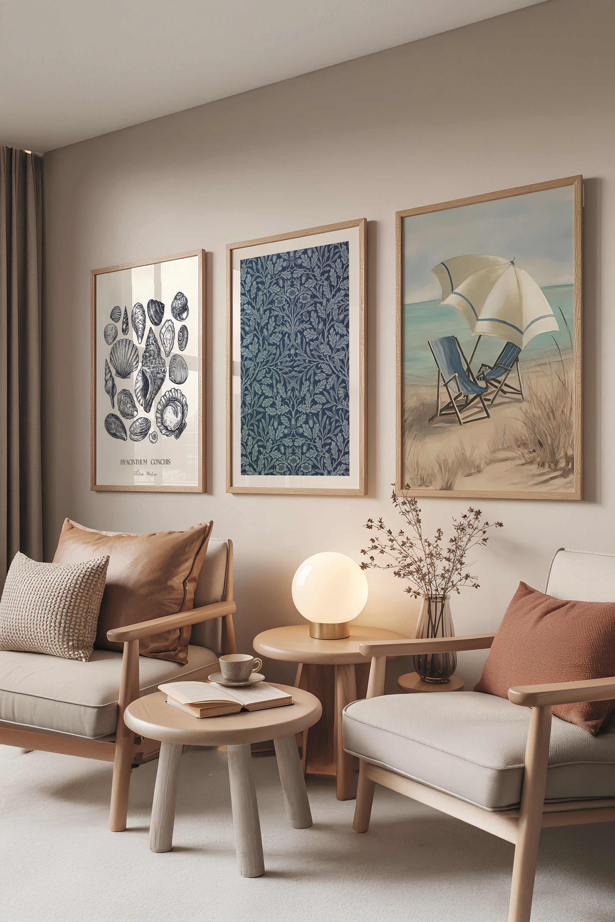 Ahşap Tablo Seti, 3 Adet Ahşap Çerçeveli Poster Chairs on the beach Model No:300876, Duvar Dekoru