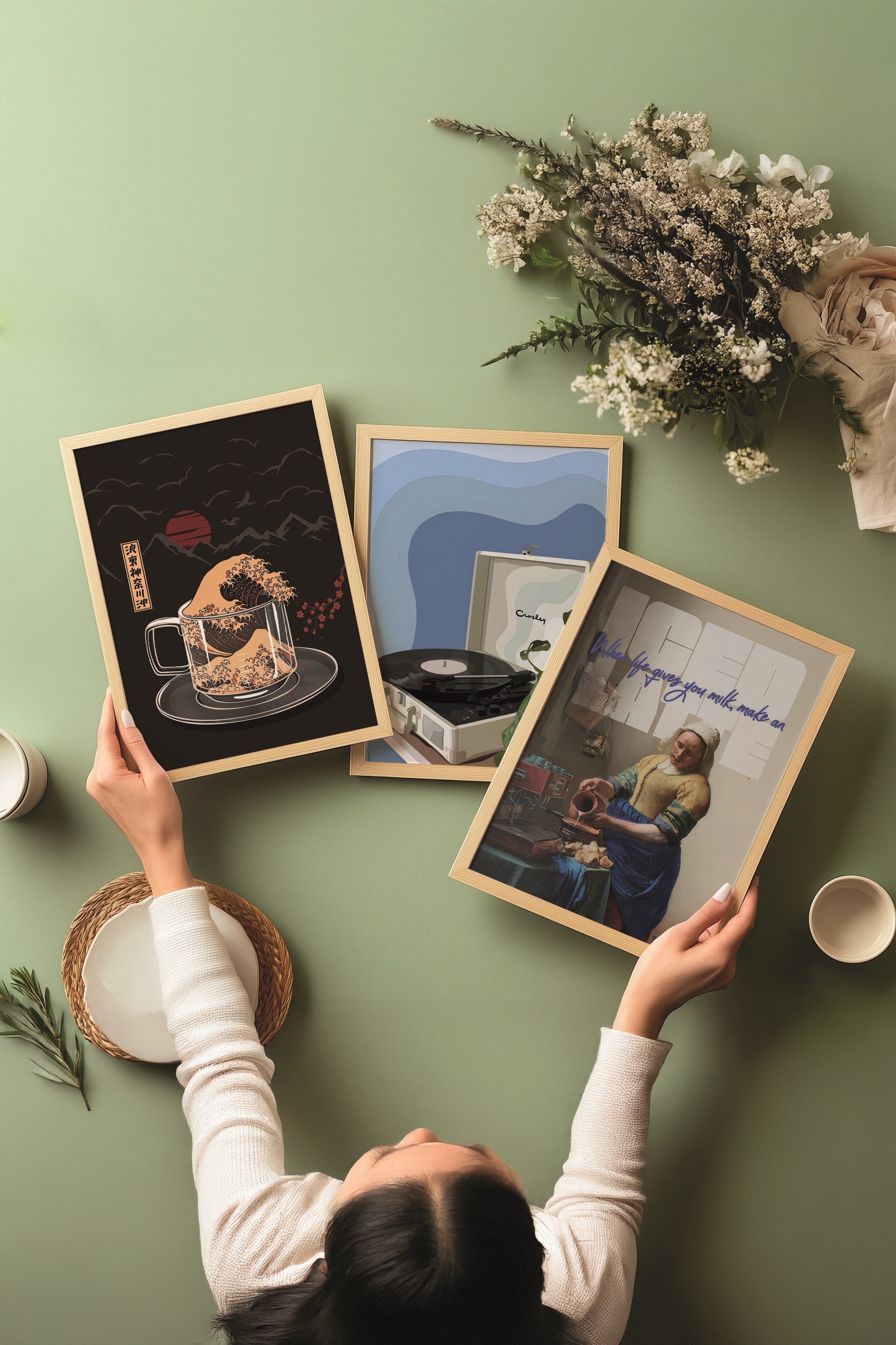 Ahşap Tablo Seti, 3 Adet Ahşap Çerçeveli Poster Coffee Corner Model No:300820, Mavi ve Kahve Dekor