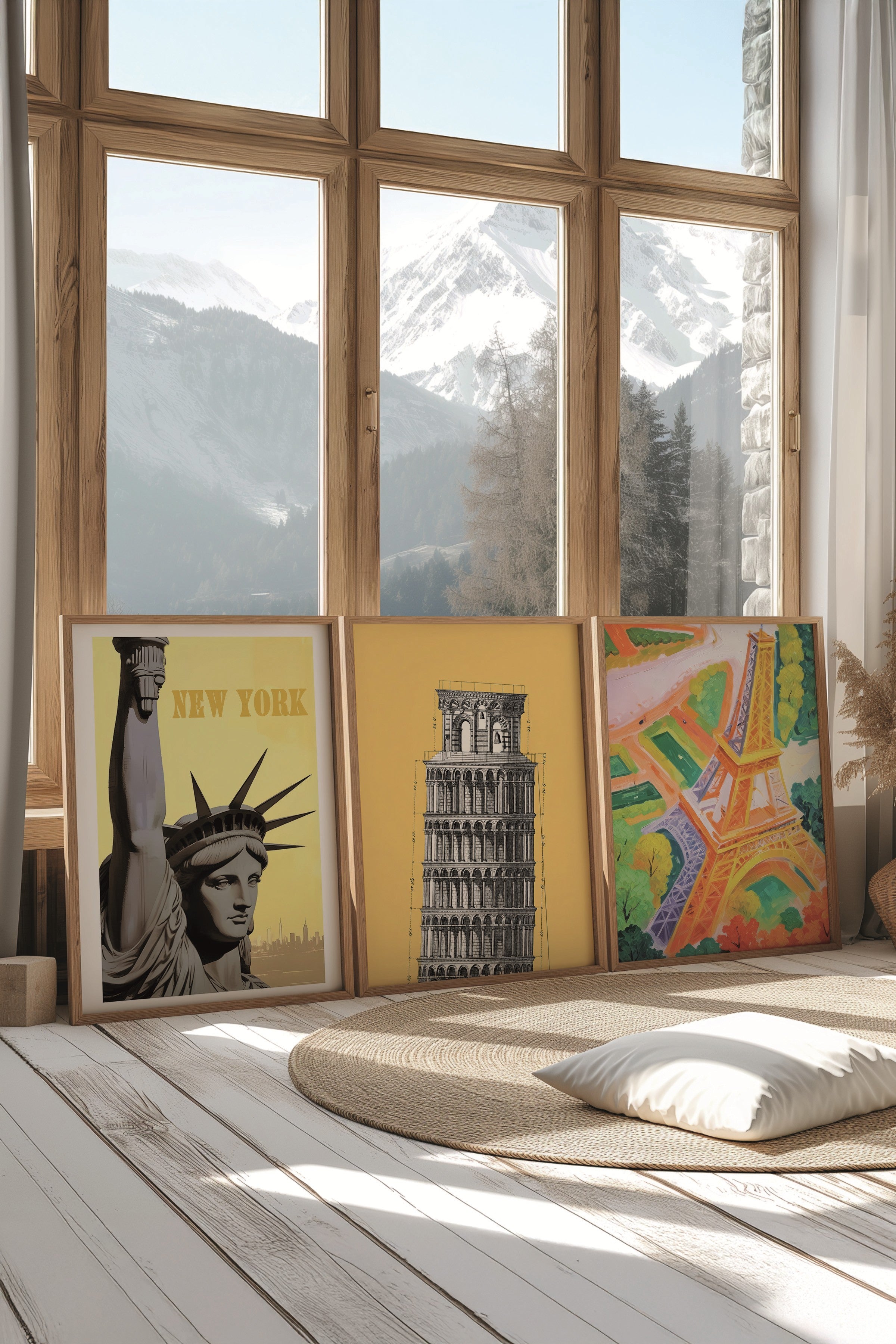 Ahşap Tablo Seti, 3 Adet Ahşap Çerçeveli Poster Colorfull Cities Model No:300816, Sarı Duvar Dekoru