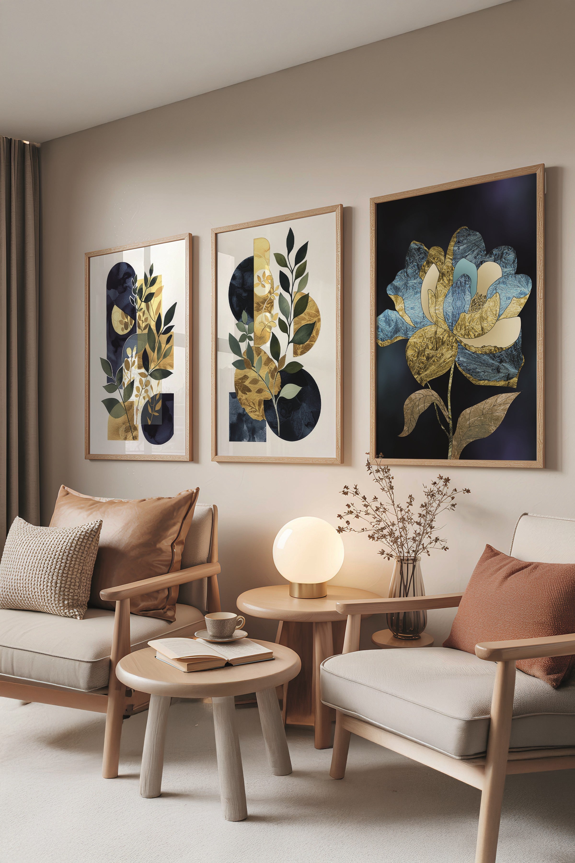 Ahşap Tablo Seti, 3 Adet Ahşap Çerçeveli Poster Dance of Blue&Gold Model No:300883, Duvar Dekoru