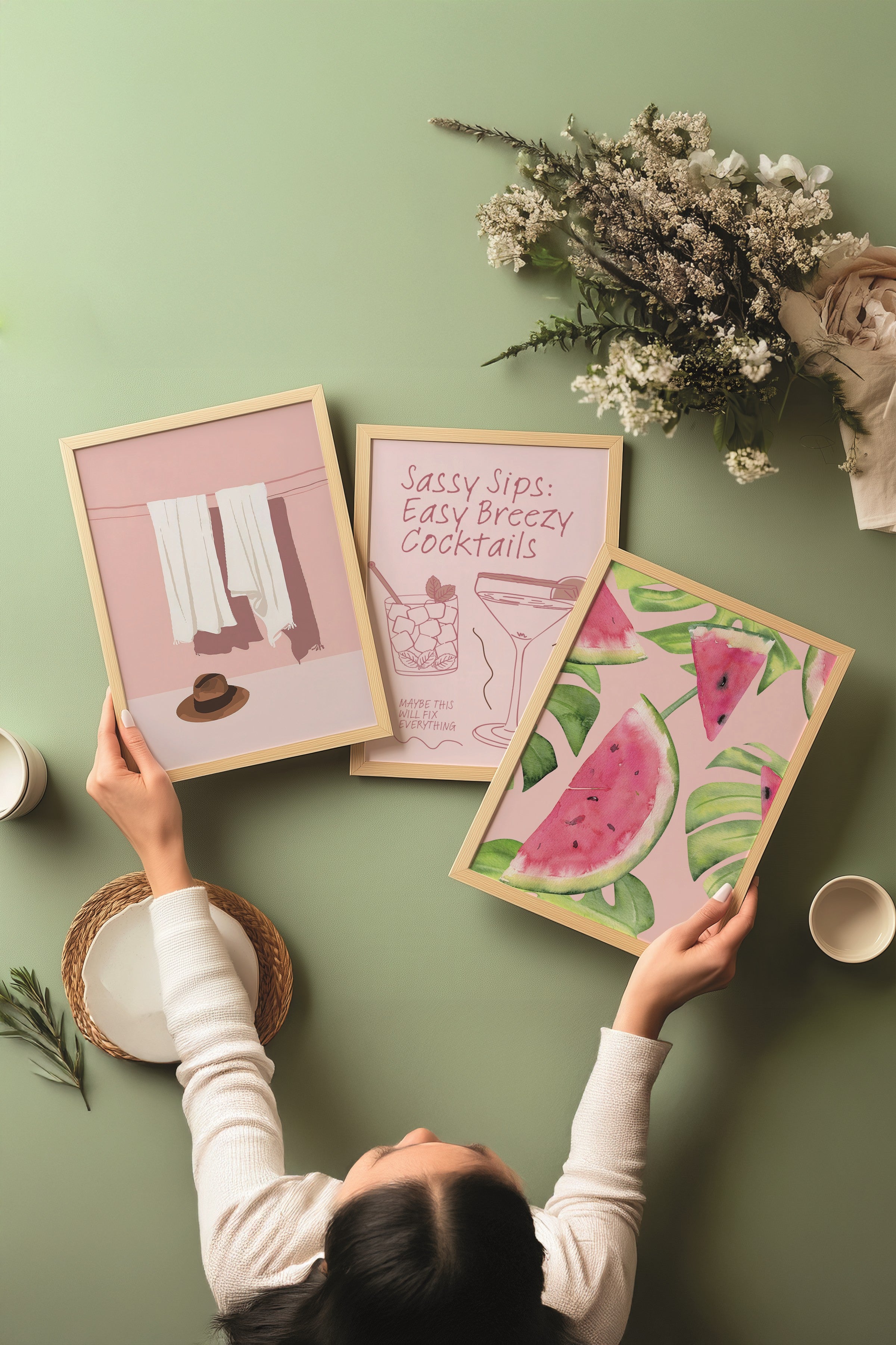 Ahşap Tablo Seti, 3 Adet Ahşap Çerçeveli Poster Easy Breezy Model No:300844, Pembe Duvar Dekoru