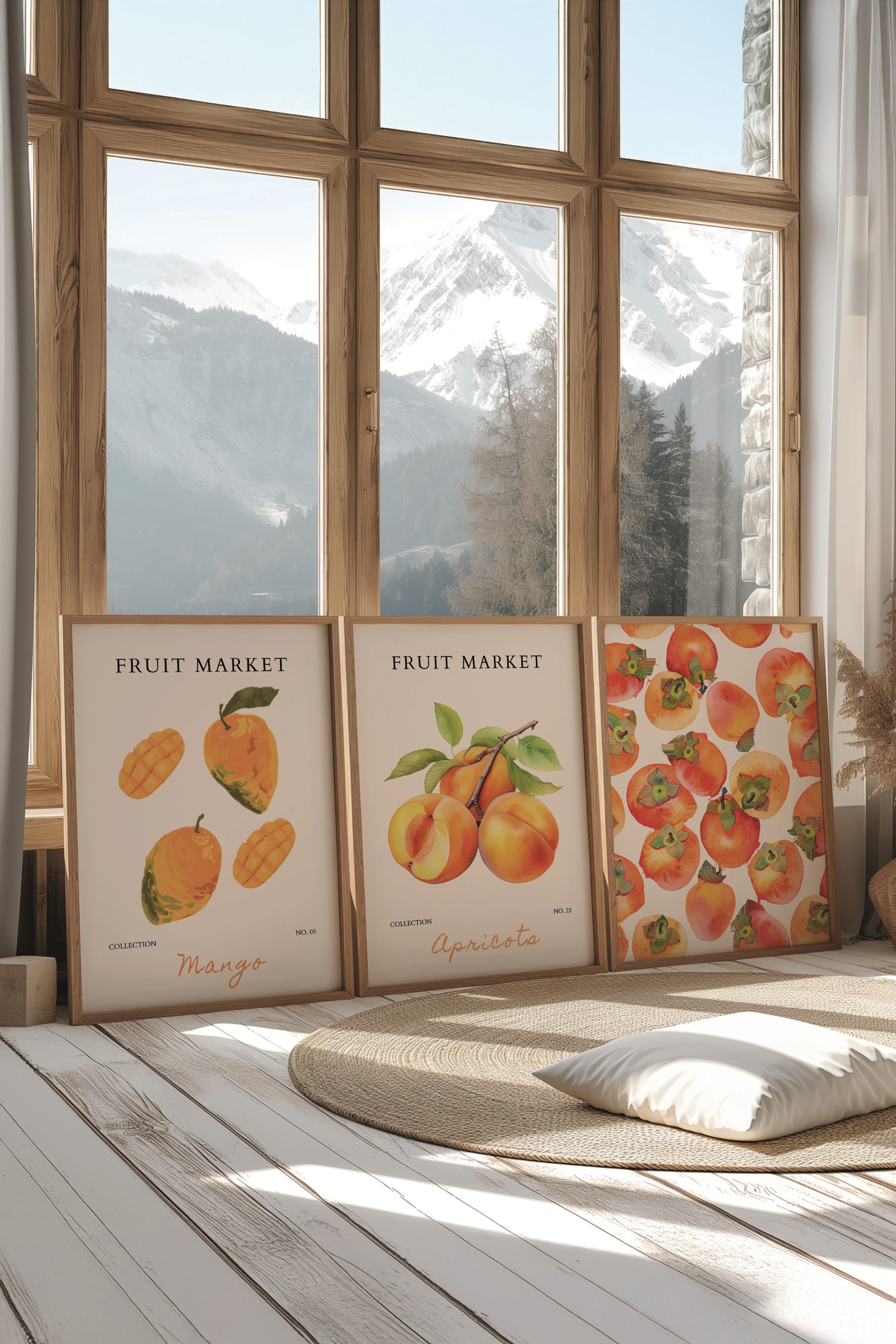 Ahşap Tablo Seti, 3 Adet Ahşap Çerçeveli Poster Fruit Market Model No:300881, Turuncu Duvar Dekoru