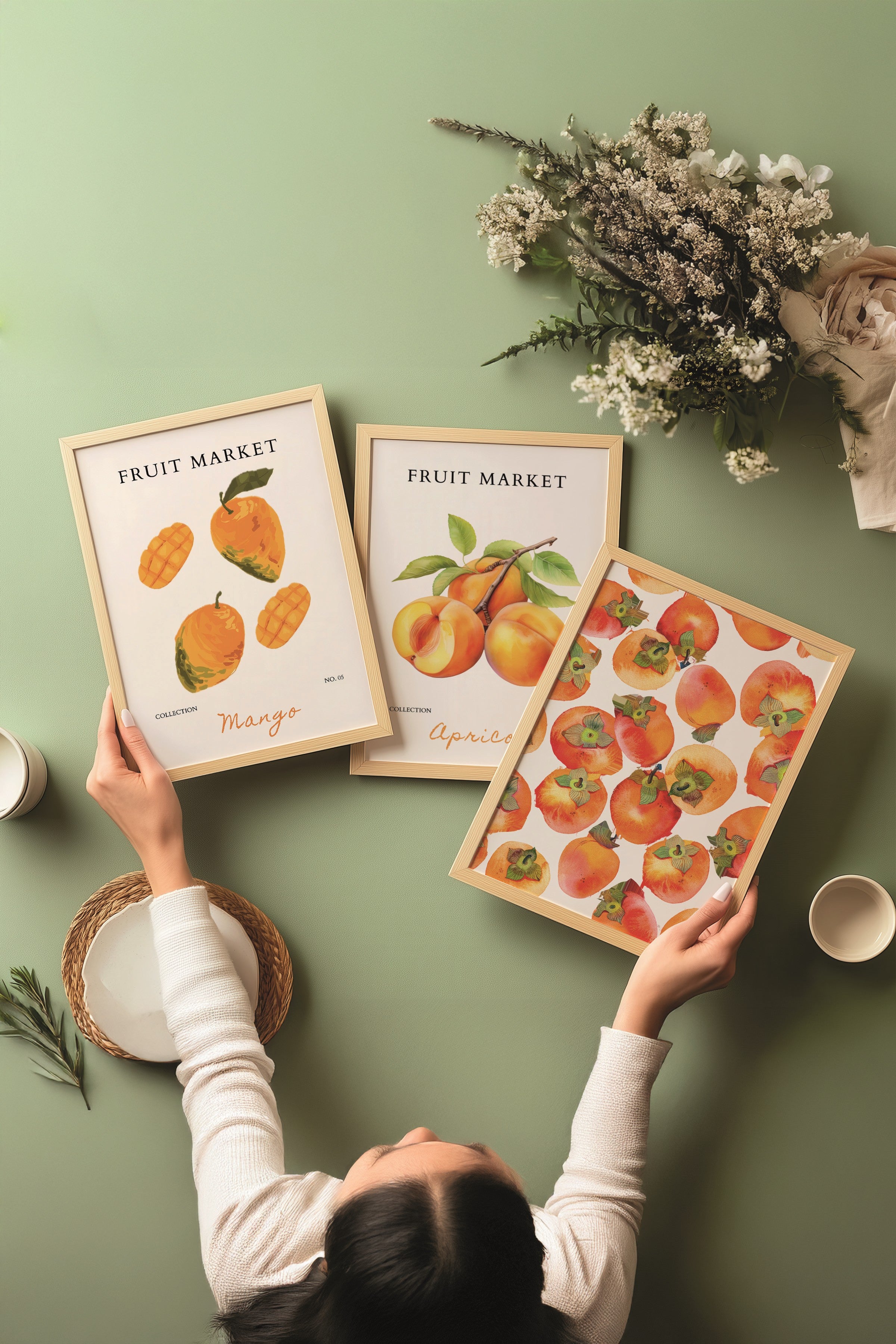 Ahşap Tablo Seti, 3 Adet Ahşap Çerçeveli Poster Fruit Market Model No:300881, Turuncu Duvar Dekoru