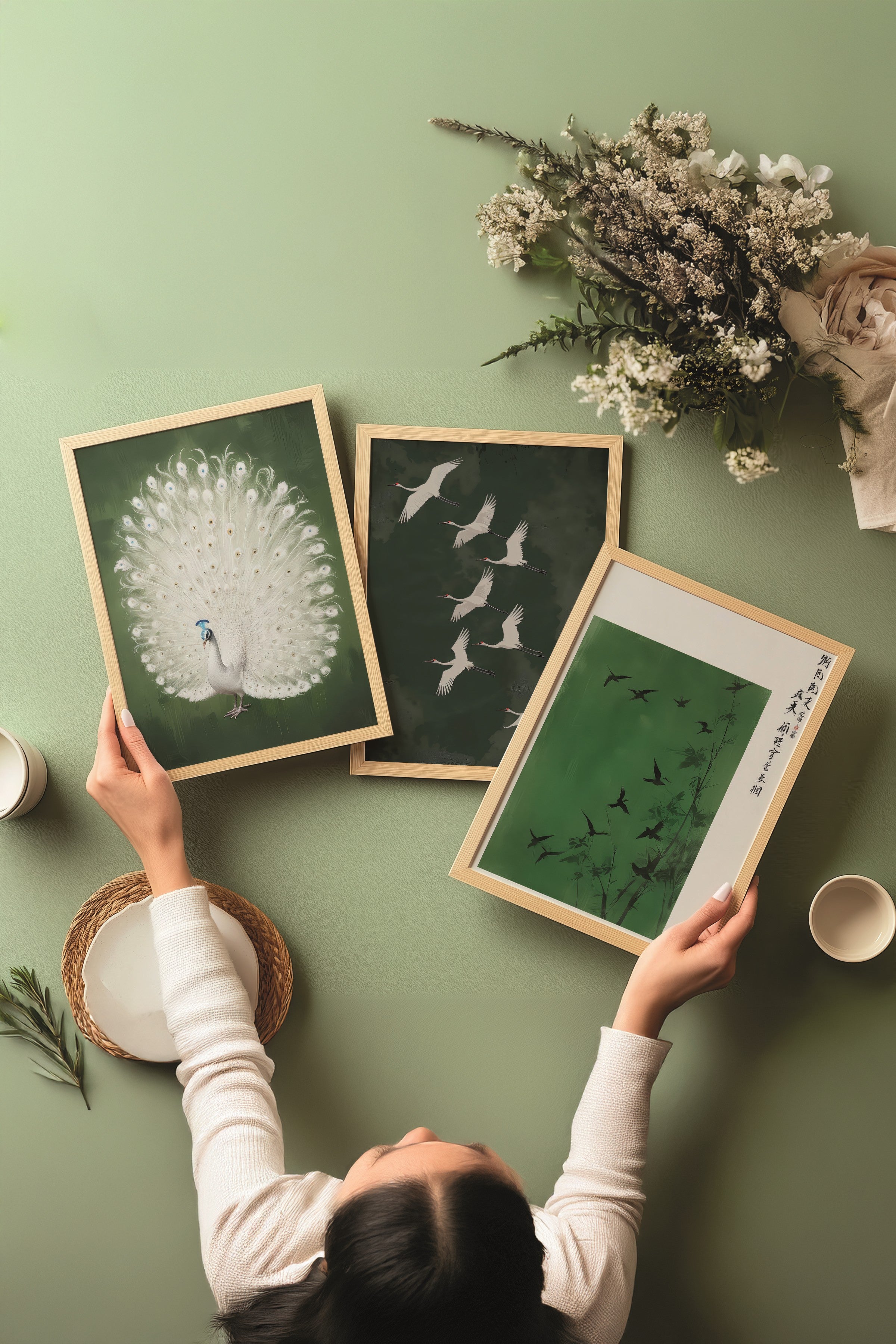 Ahşap Tablo Seti, 3 Adet Ahşap Çerçeveli Poster Green Art Model No:300817, Yeşil Duvar Dekoru